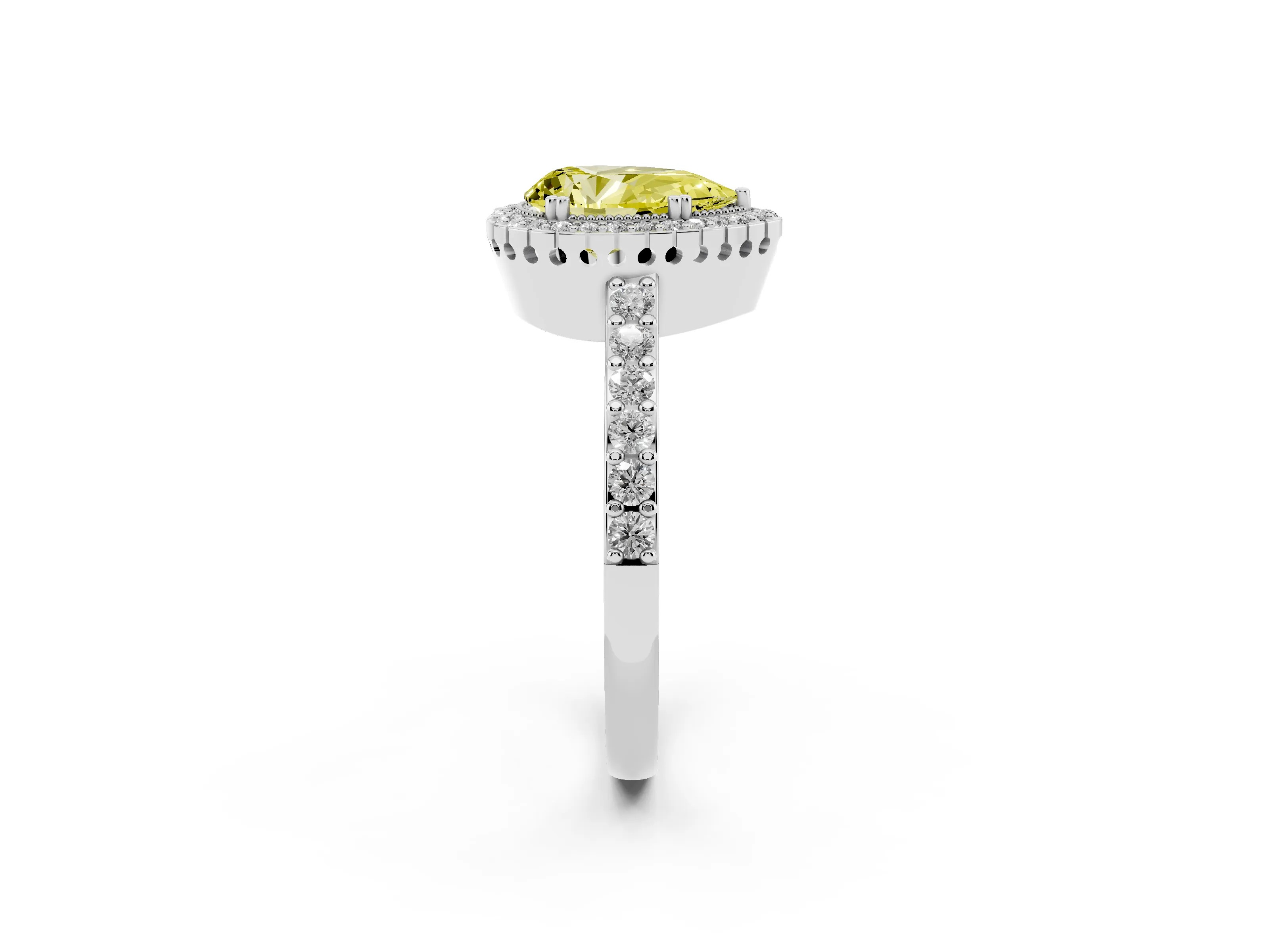 Fancy Yellow Pear Cut Diamond Halo Engagement Ring Set in Platinum with Milgrain Detail and Pavé Band