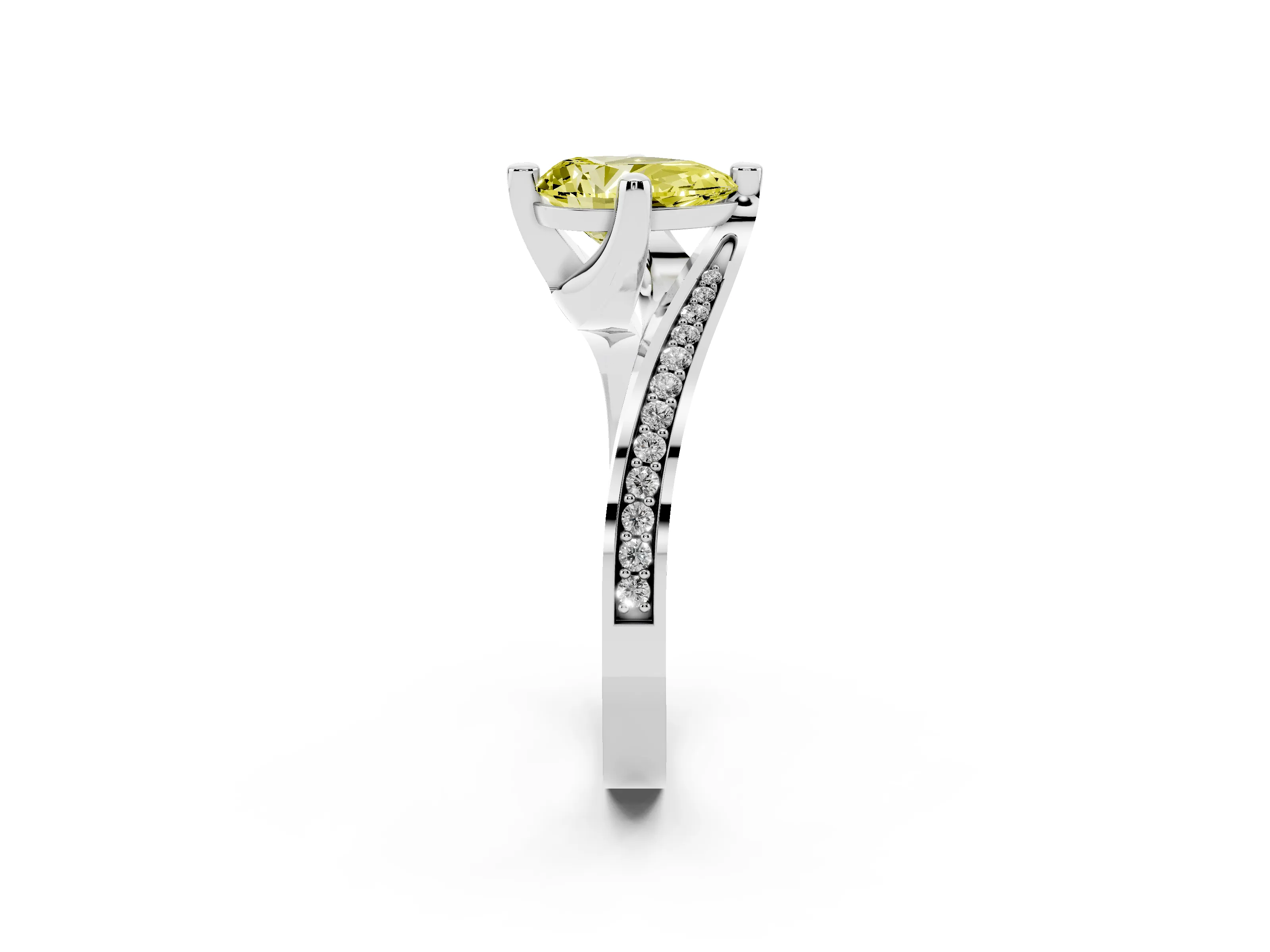 Fancy Yellow Pear Cut Diamond Solitaire Ring Set in White gold with Intertwined Pavé Twist Band