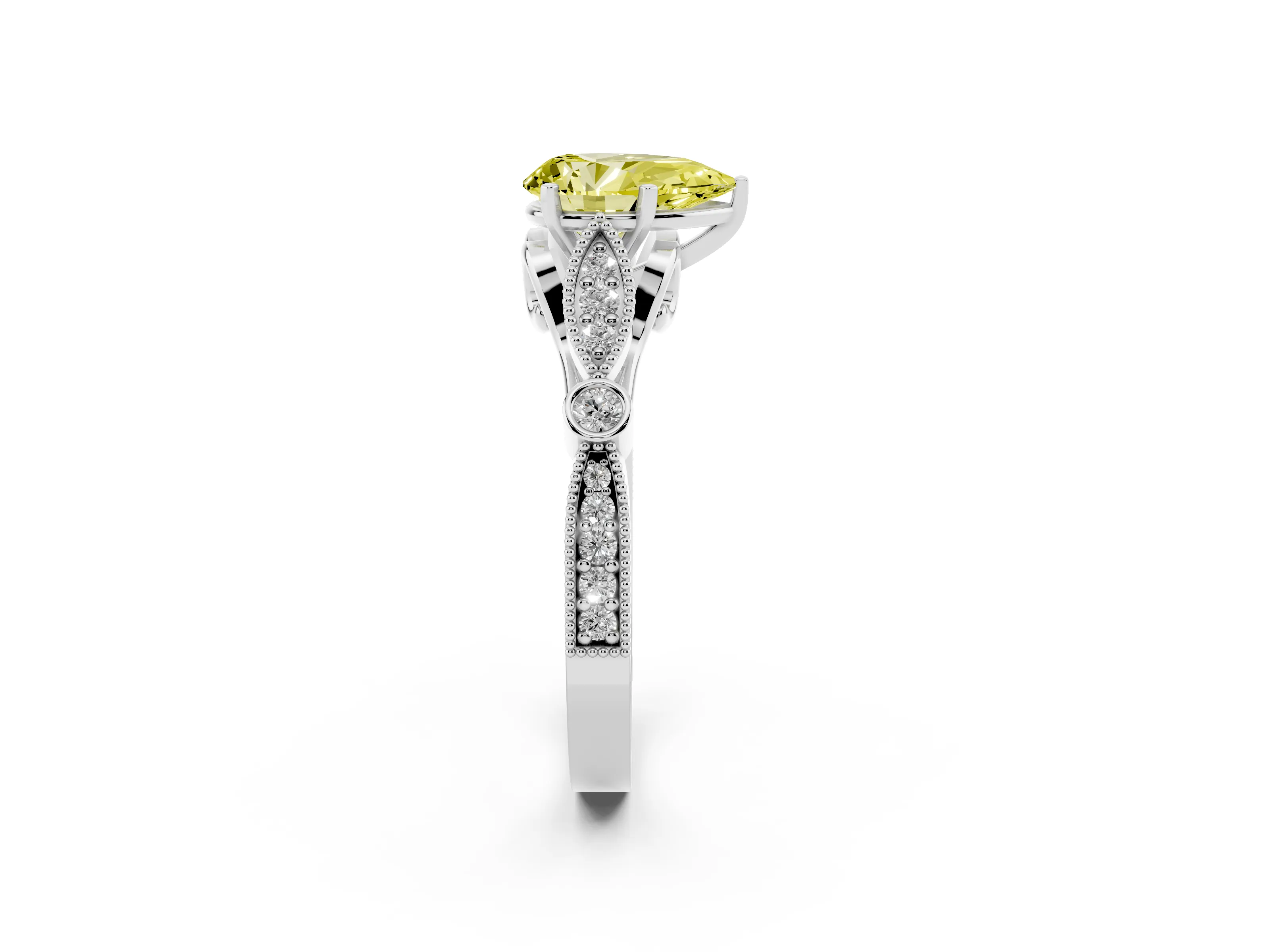 Fancy Yellow Pear Cut Diamond Solitaire Ring Set in Platinum with Milgrain Marquise and Bezel Accents