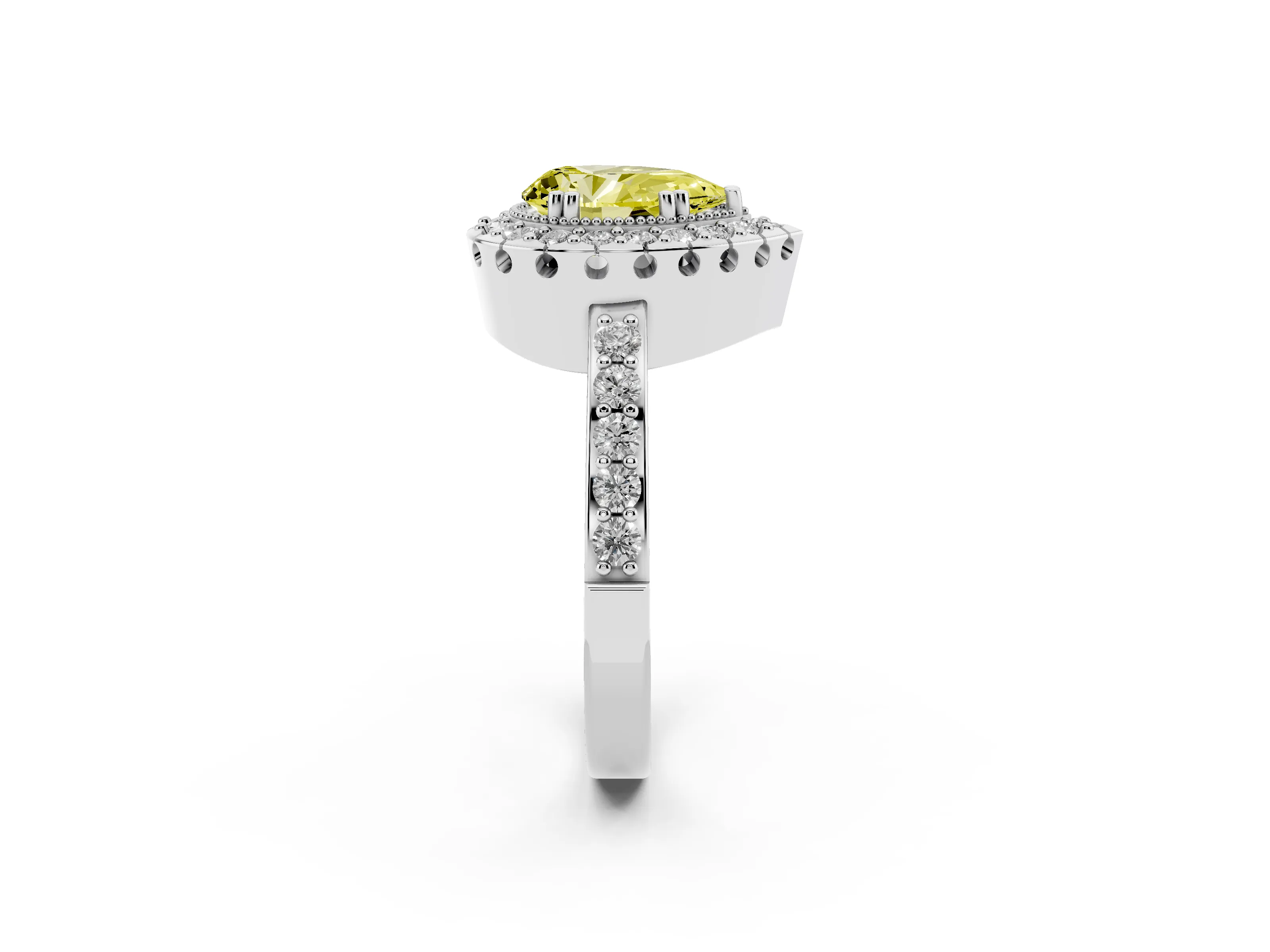 Fancy Yellow Pear Cut Diamond Halo Ring Set in White gold with Pavé Shank and Prong Setting