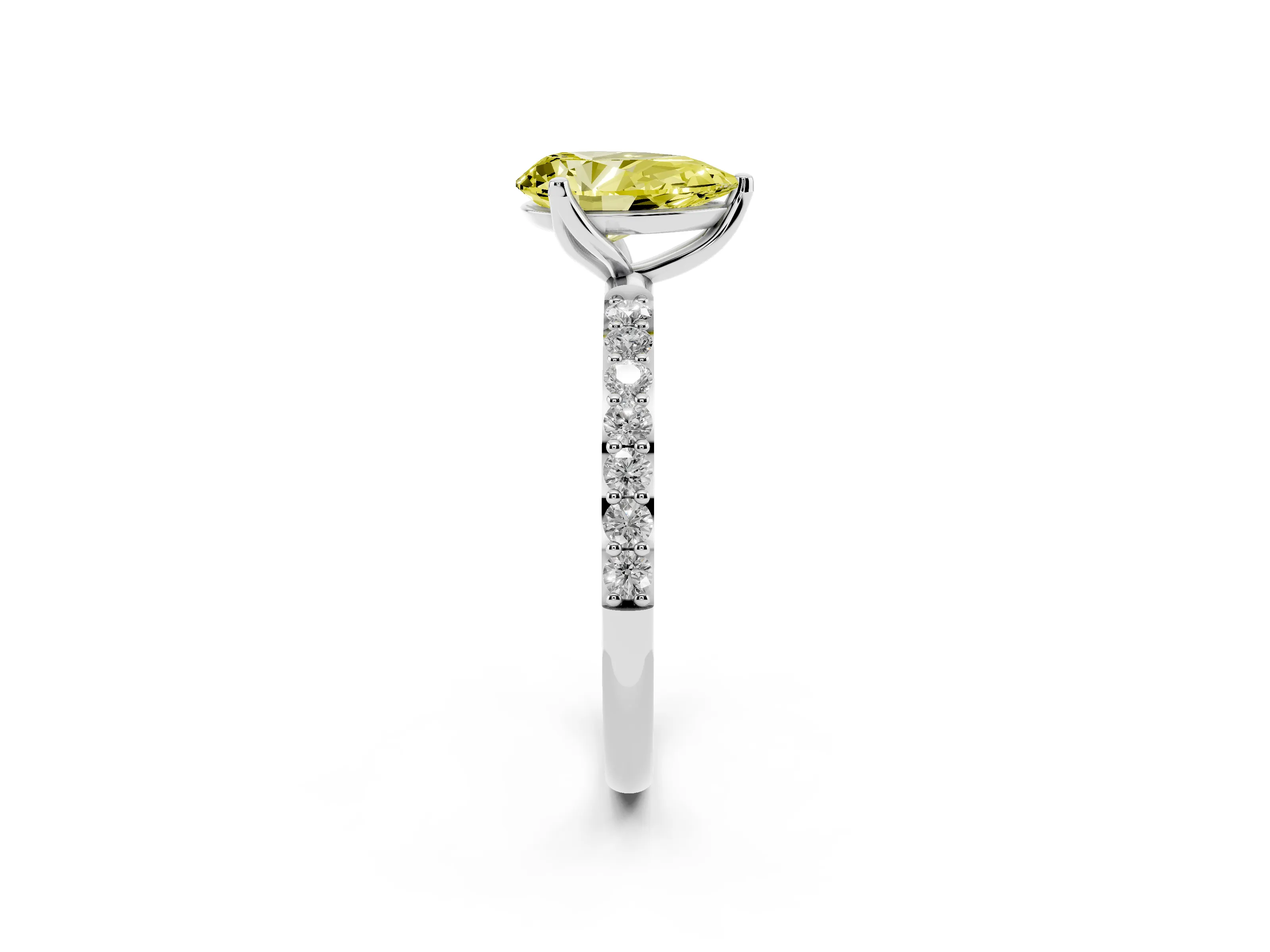 Fancy Yellow Pear Cut Diamond Solitaire Engagement Ring Set in Silver with Round Pavé Band and Prong Setting