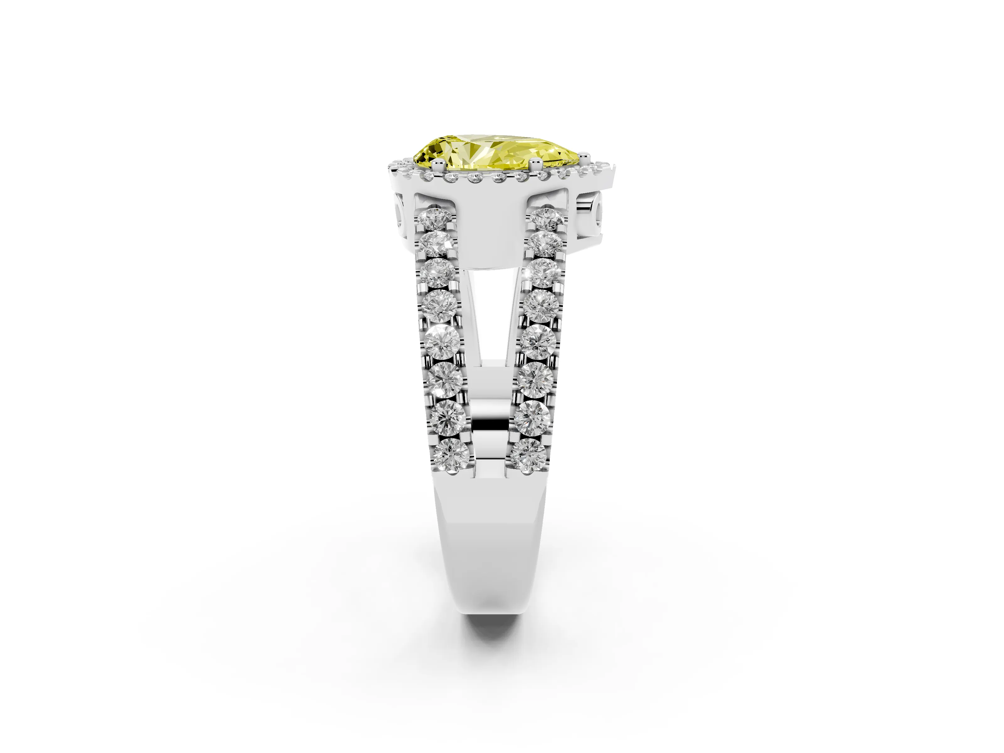 Fancy Yellow Pear Cut Diamond Halo Ring Set in White gold with Pavé Split Shank and Prong Setting