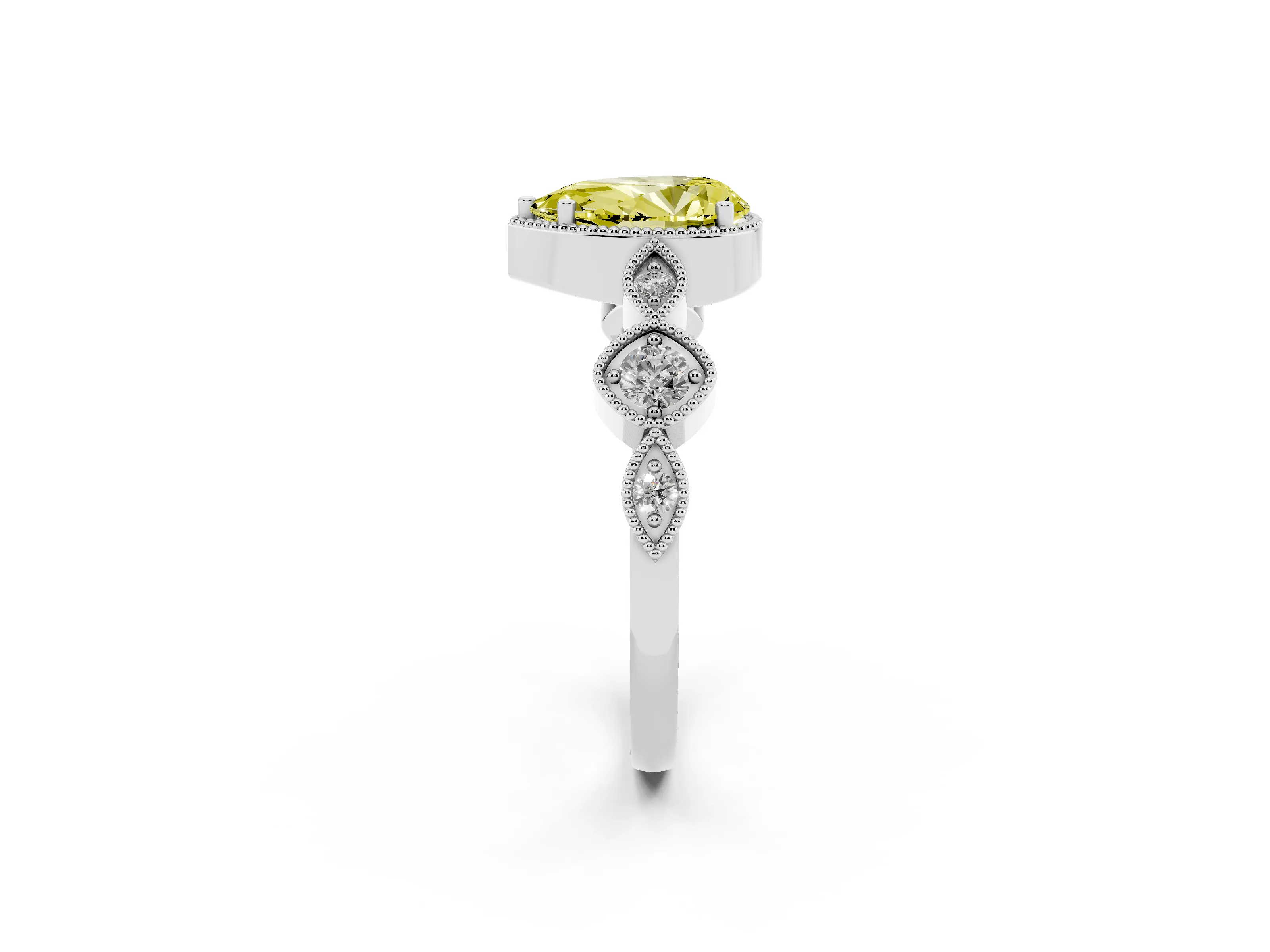 Fancy Yellow Pear Cut Diamond Vintage-Inspired Milgrain Ring Set in White gold with Marquise Stations of Round Accents