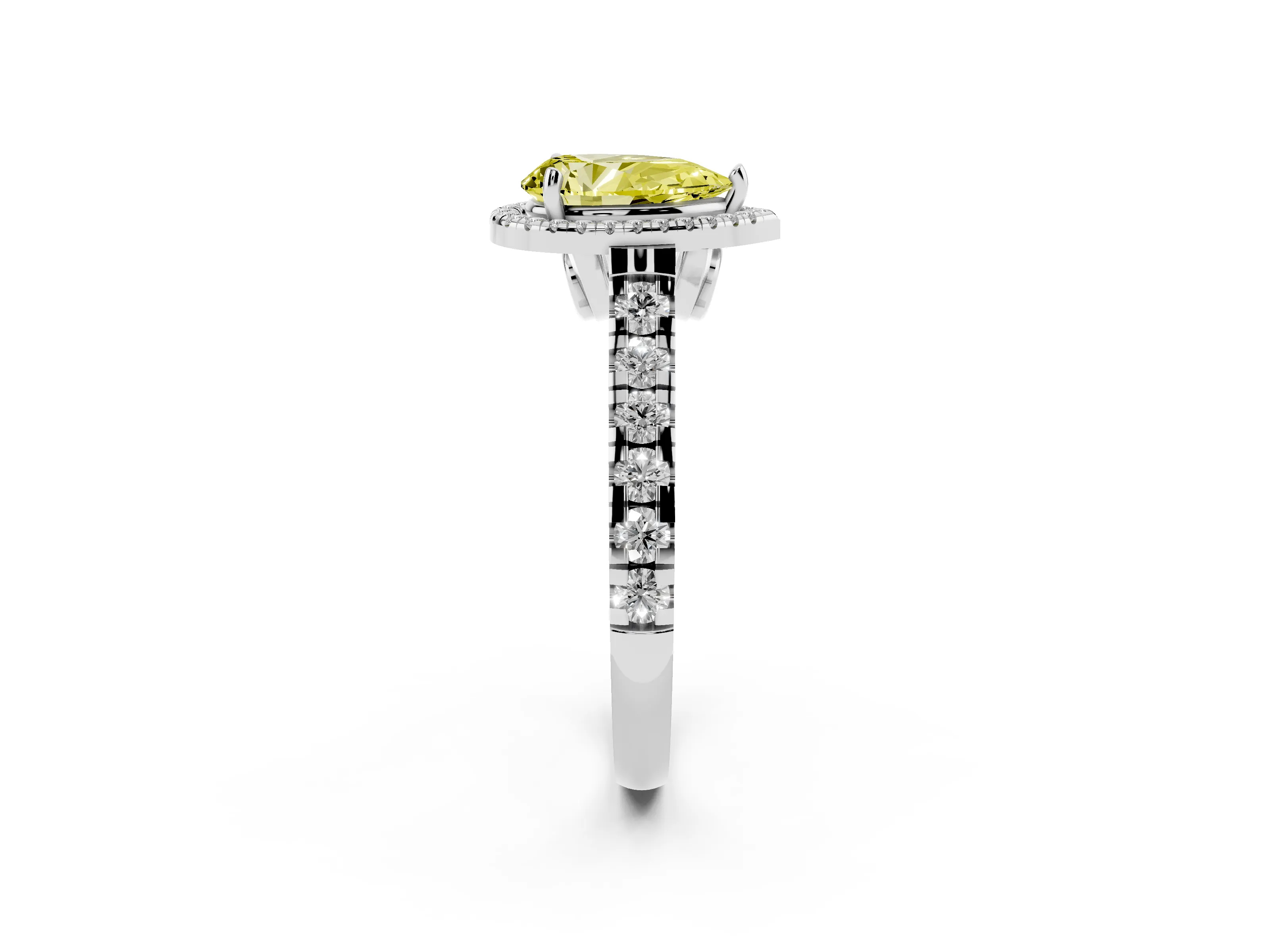 Fancy Yellow Pear Cut Diamond Halo Engagement Ring Set in Platinum with Pavé Band and Prong-Set Center