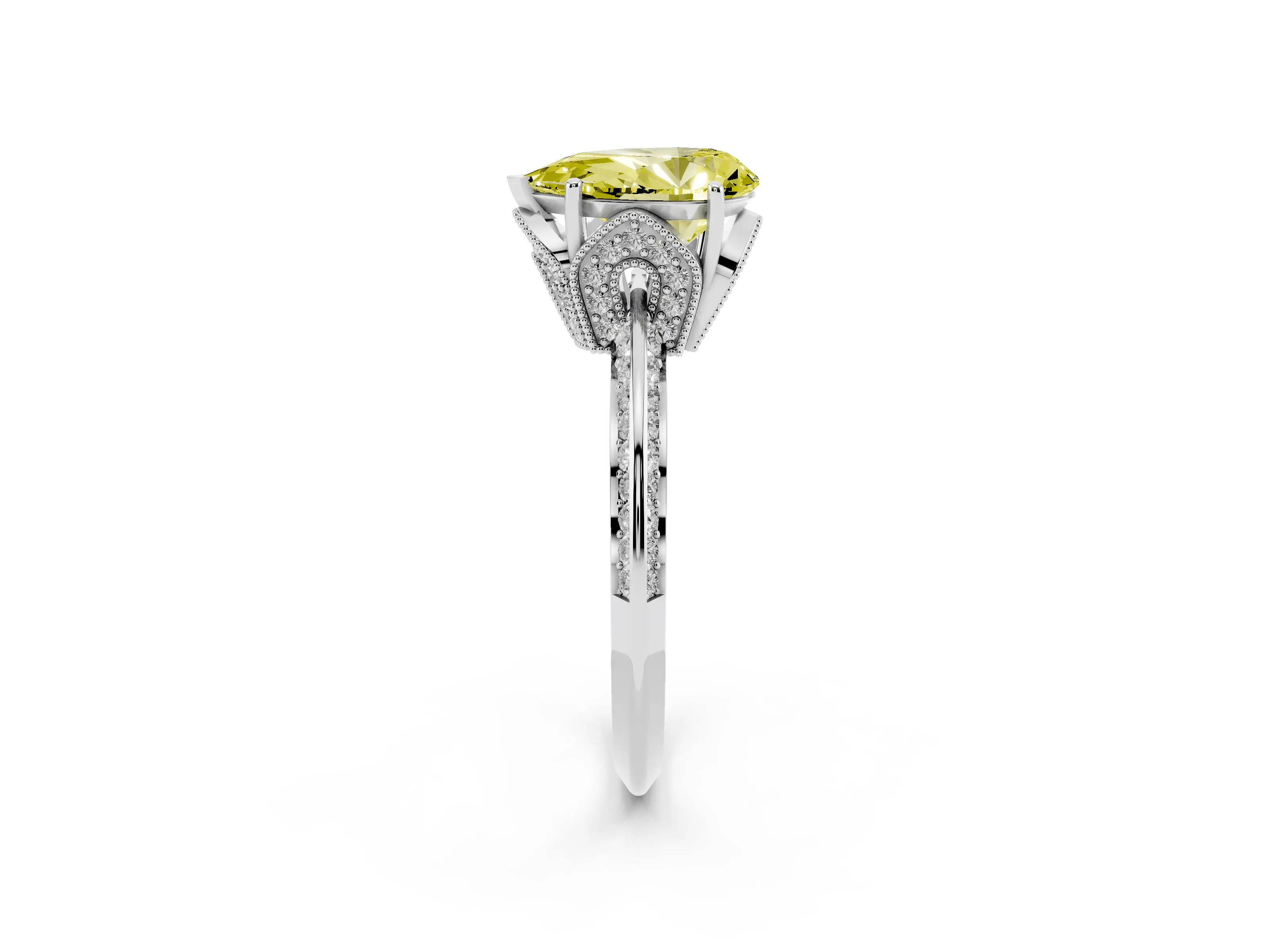 Fancy Yellow Pear Cut Diamond Solitaire Engagement Ring Set in Silver with Pavé Split Shank and Prong Setting