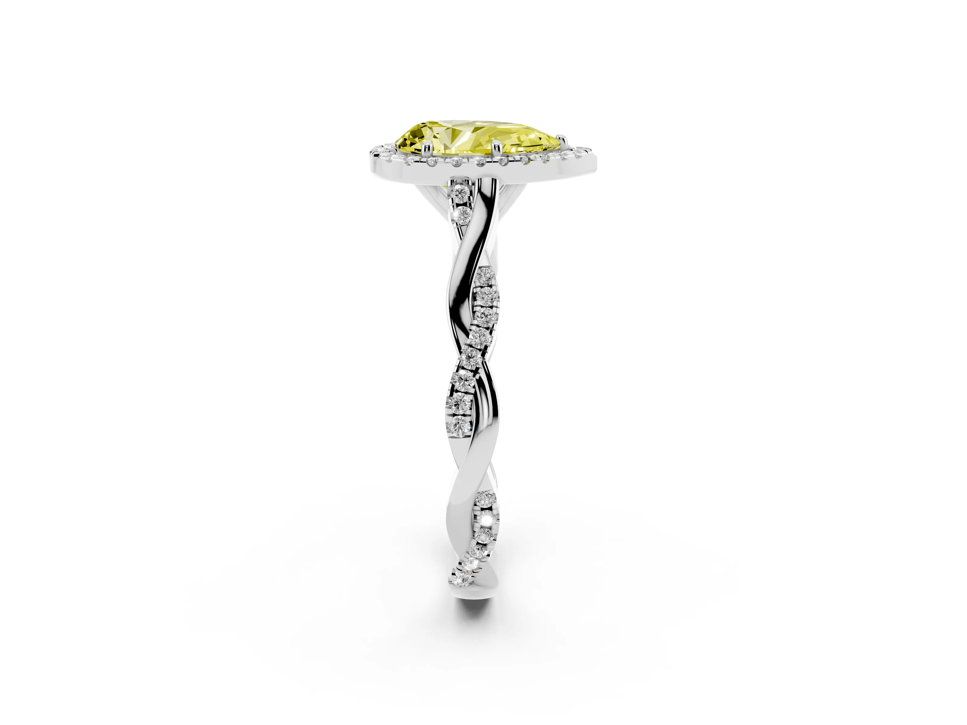 Fancy Yellow Pear Cut Diamond Halo Twist Band Solitaire Ring Set in White gold with Prong Setting