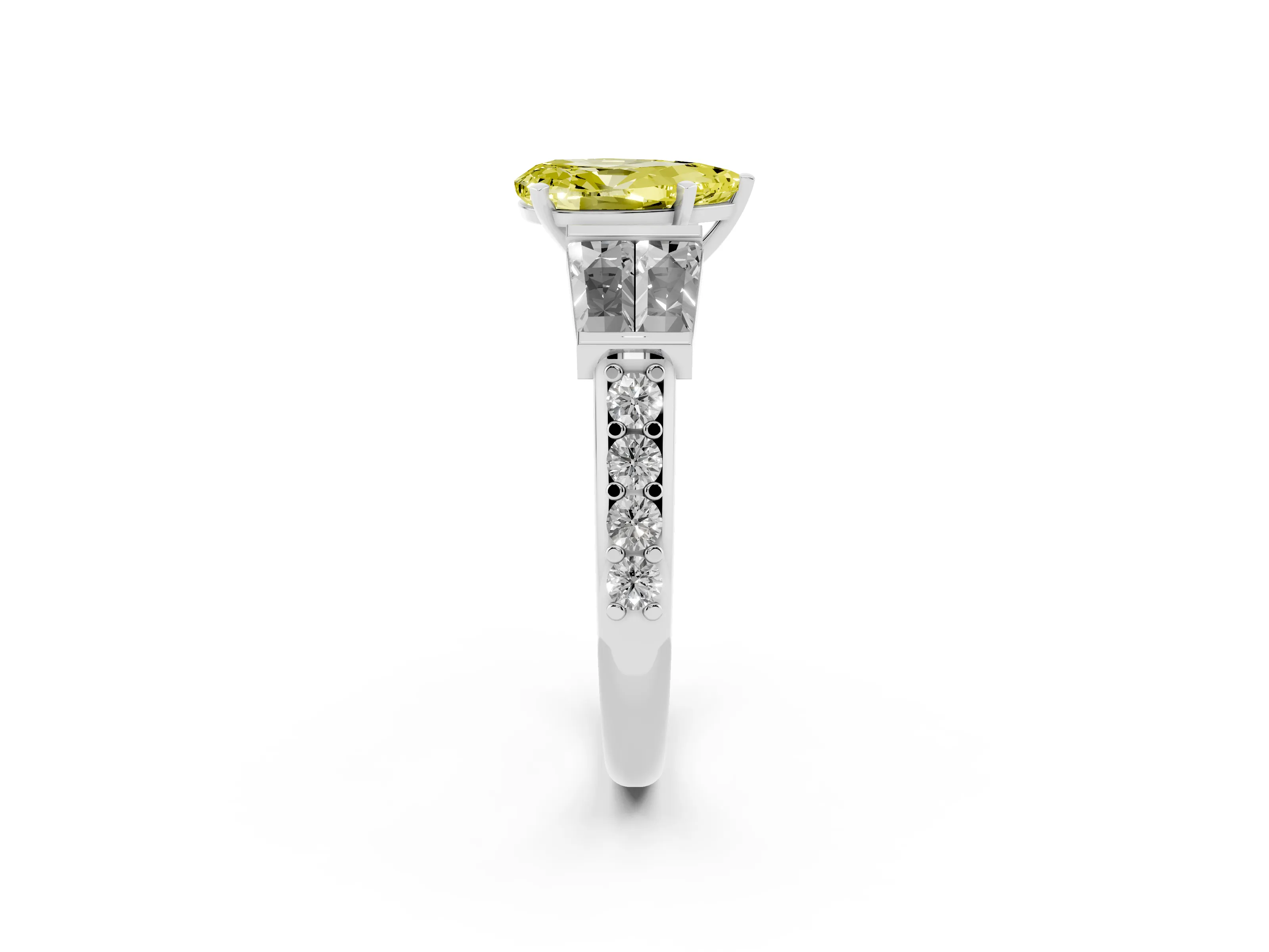 Fancy Yellow Pear Cut Diamond Engagement Ring Set in White gold with Baguette Side Stones and Channel Set Band