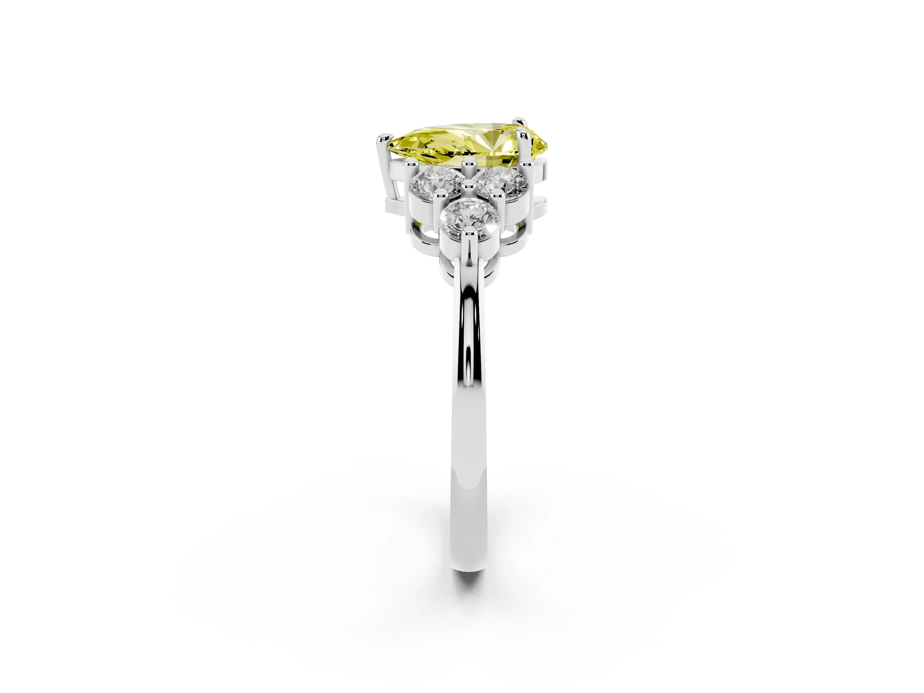 Fancy Yellow Pear Cut Diamond Solitaire Ring Set in Silver with Cluster Accents on Each Side