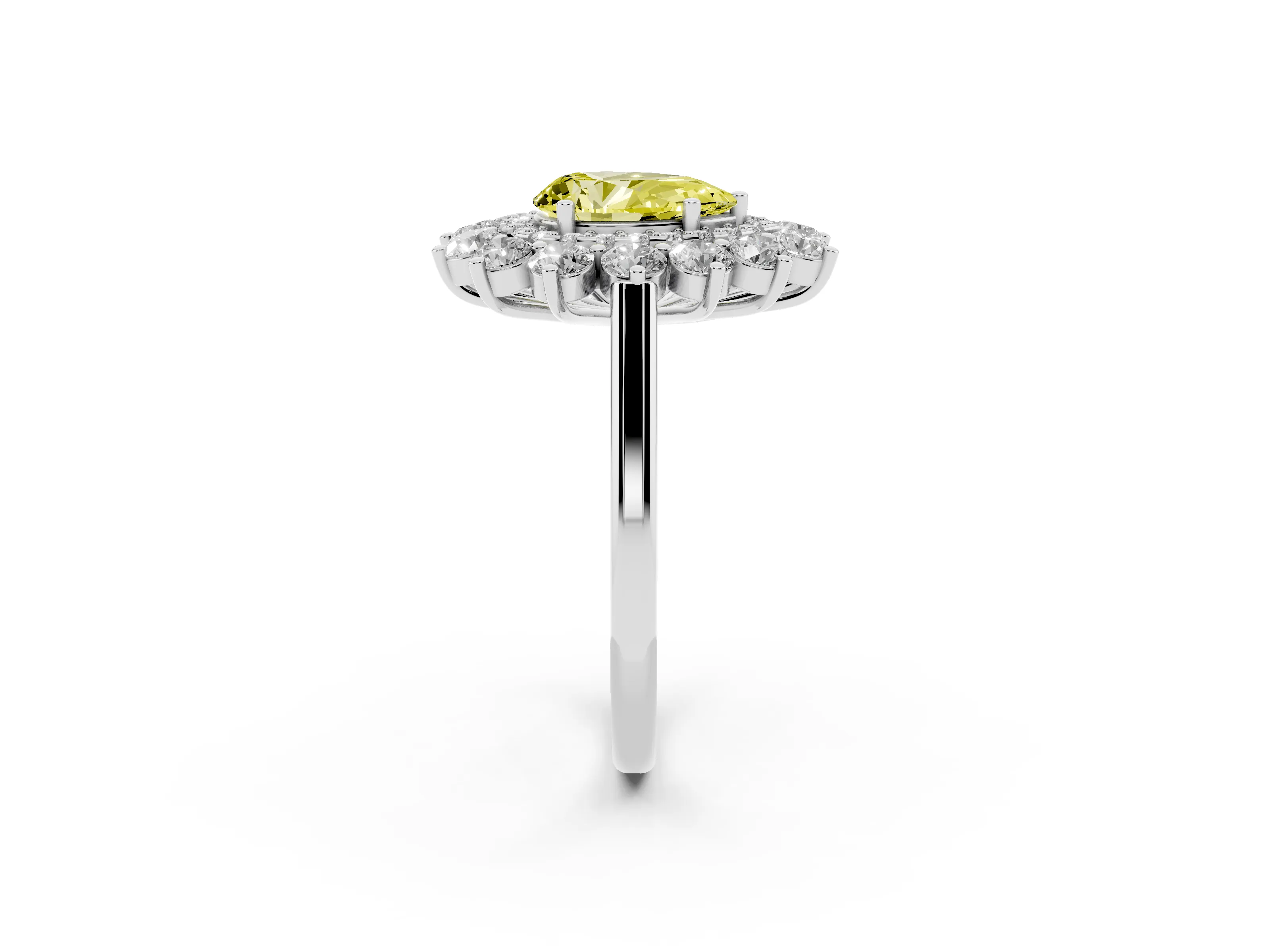 Fancy Yellow Pear Cut Diamond Floral Double Halo Ring Set in White gold with Round Petals