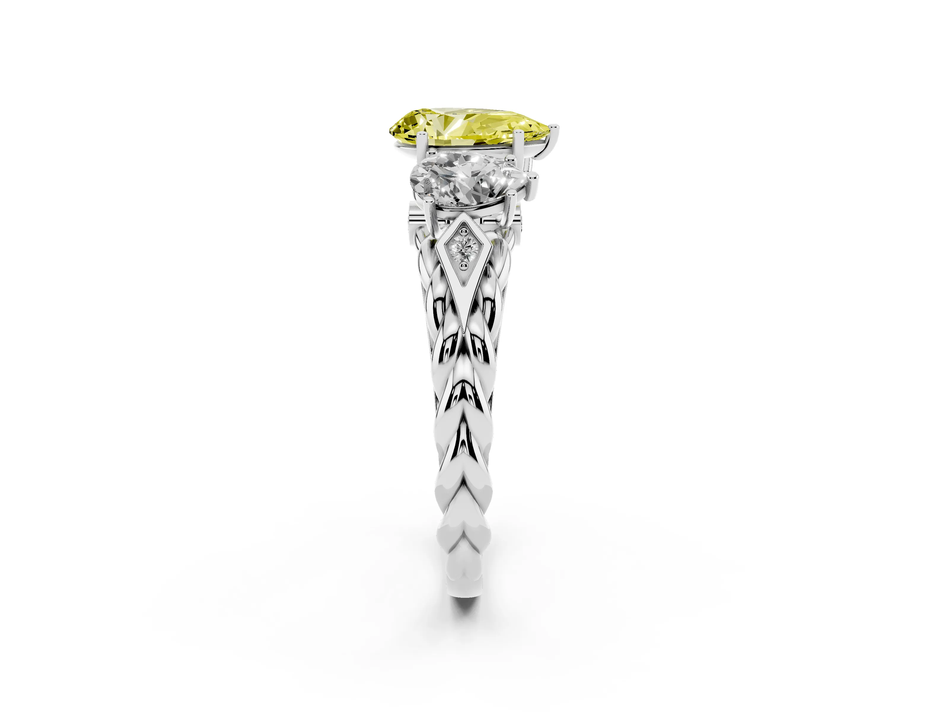 Fancy Yellow Pear Cut Diamond Three-Stone Ring Set in White gold with Braided Band