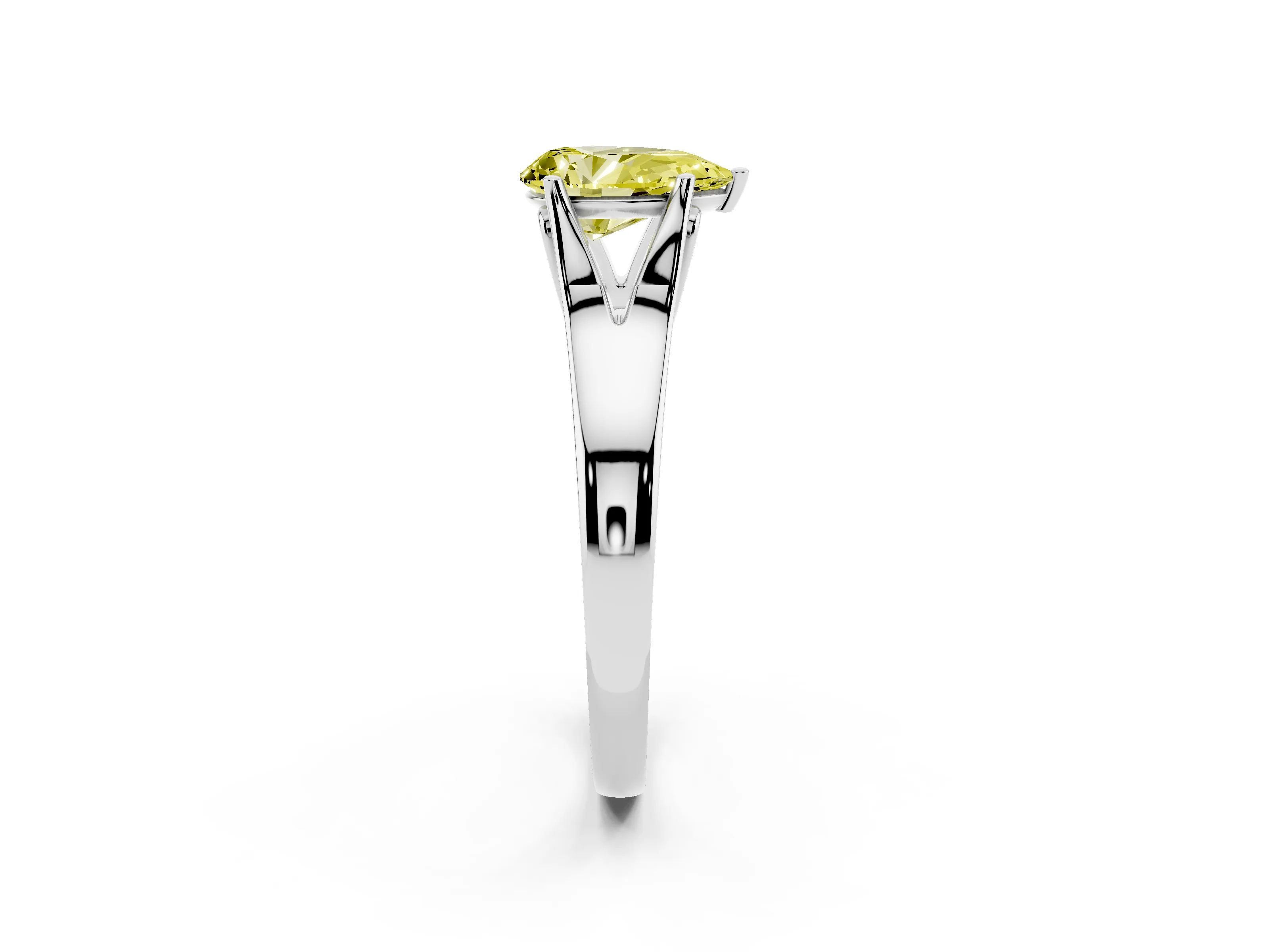 Fancy Yellow Pear Cut Diamond Solitaire Ring Set in White gold with Arched Cathedral Band and Prong Setting