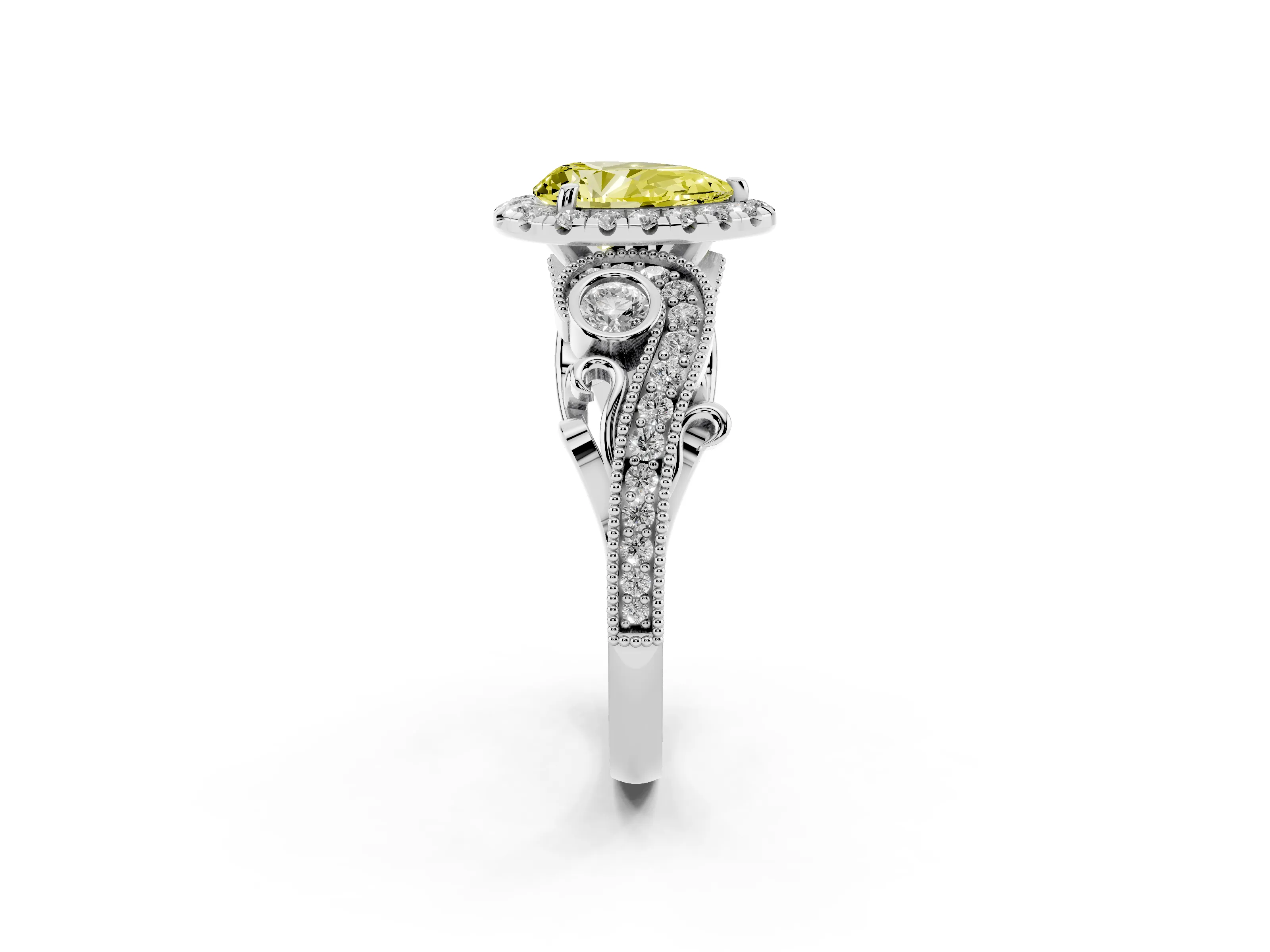 Fancy Yellow Pear Cut Diamond Halo Ring Set in Platinum with Milgrain Pavé Band and Prong Setting