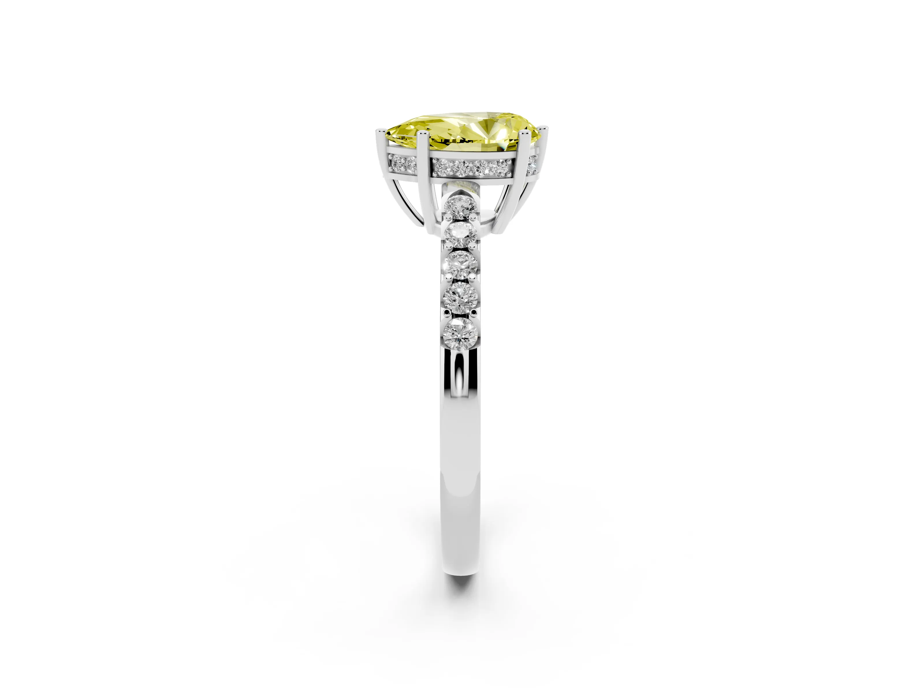 Fancy Yellow Pear Cut Diamond Solitaire Engagement Ring Set in Silver with Pavé Band and Prong Setting