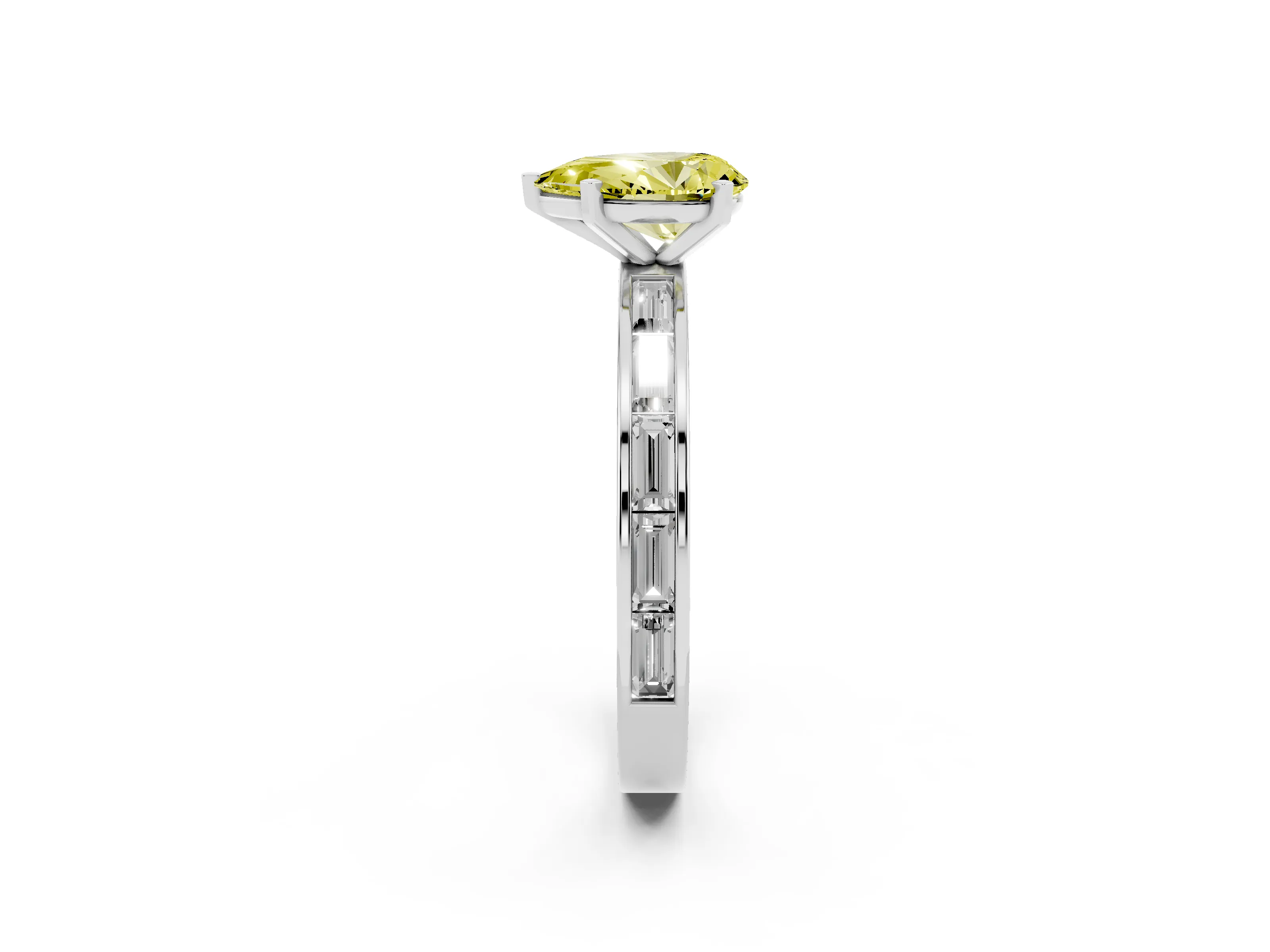Fancy Yellow Pear Cut Diamond Solitaire Ring Set in Silver with Channel-Set Baguette Band and Prong Setting