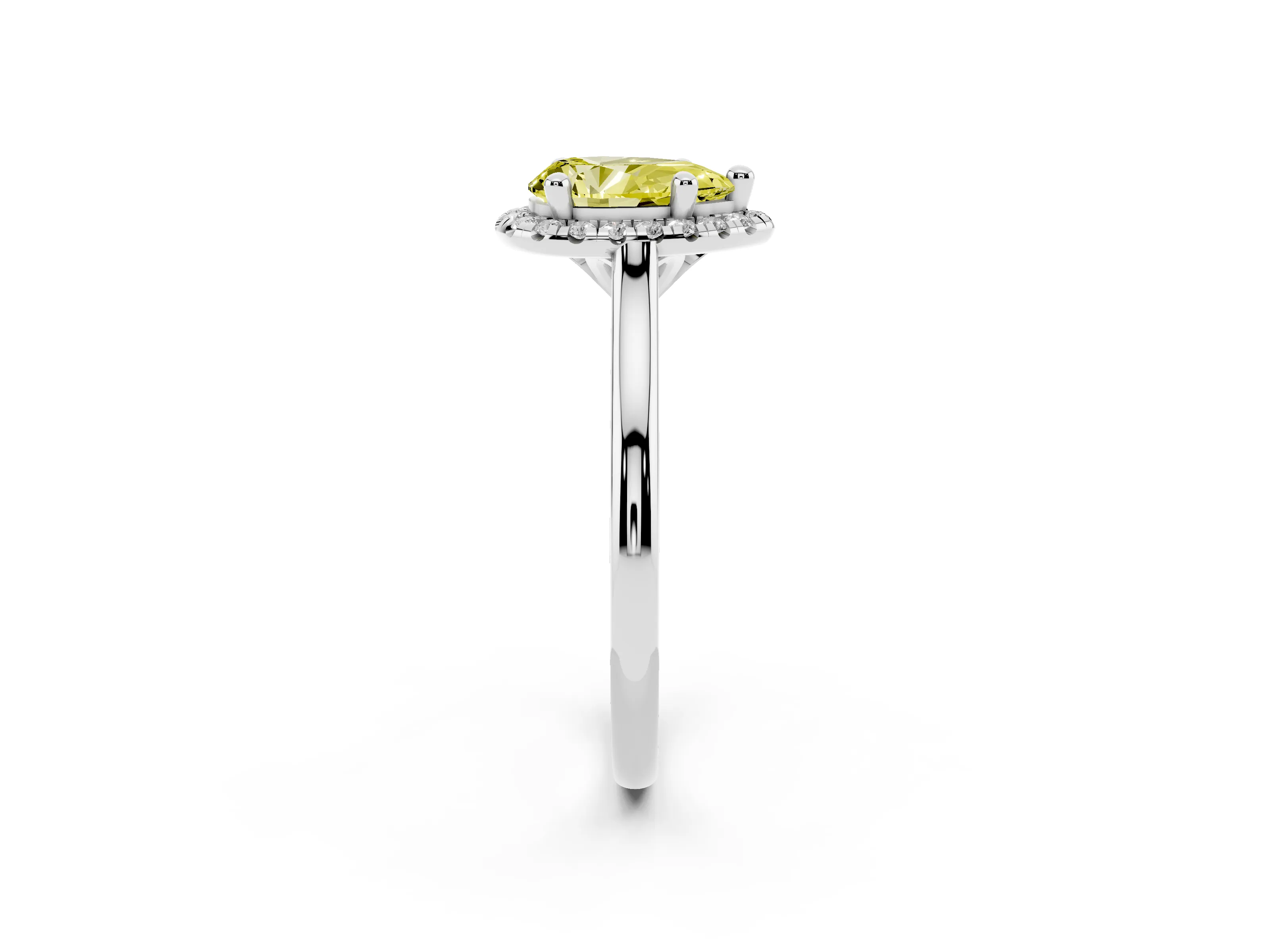 Fancy Yellow Pear Cut Diamond Halo Engagement Ring Set in White gold with Pavé Band and Rising Shoulders