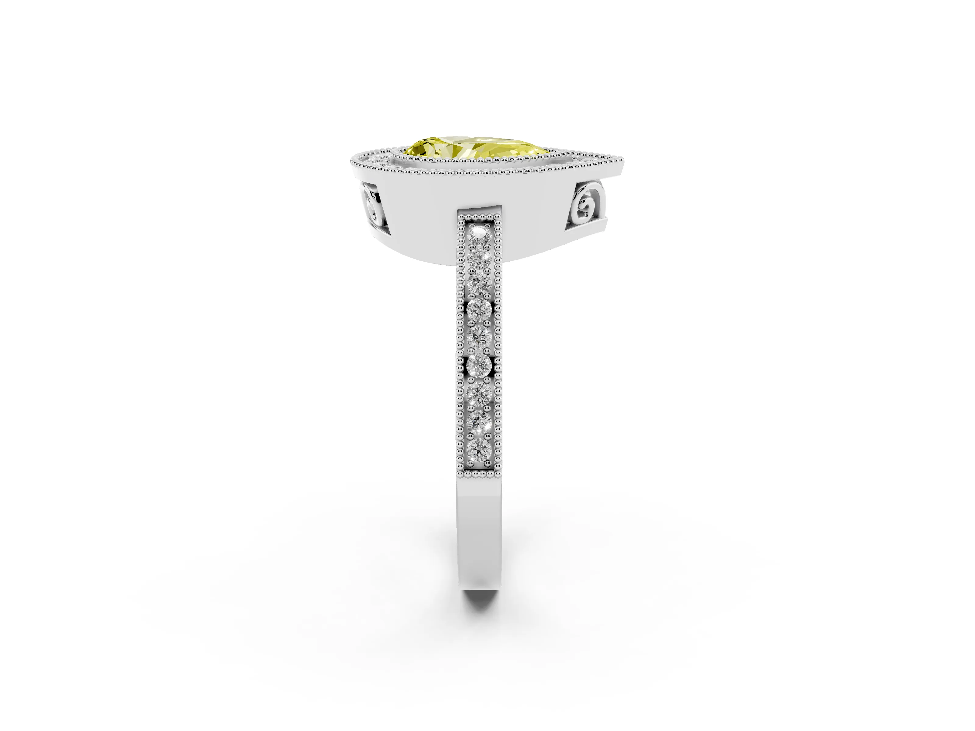 Fancy Yellow Pear Cut Diamond Halo Ring Set in Platinum with Pavé Band and Milgrain-Edged Prongs