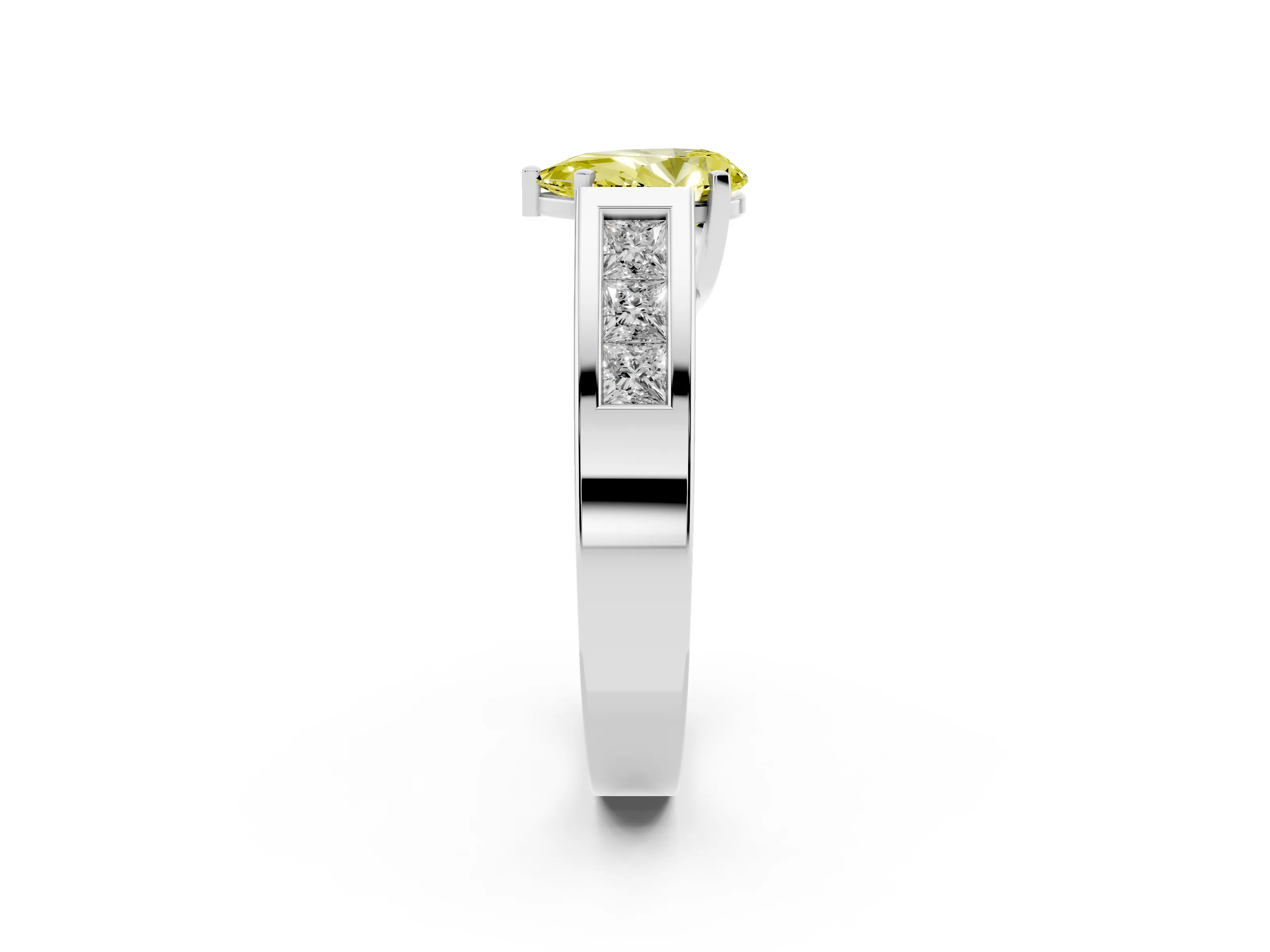 Fancy Yellow Pear Cut Diamond Solitaire Ring Set in White gold with Channel-Set Accent Stones and Prong Setting