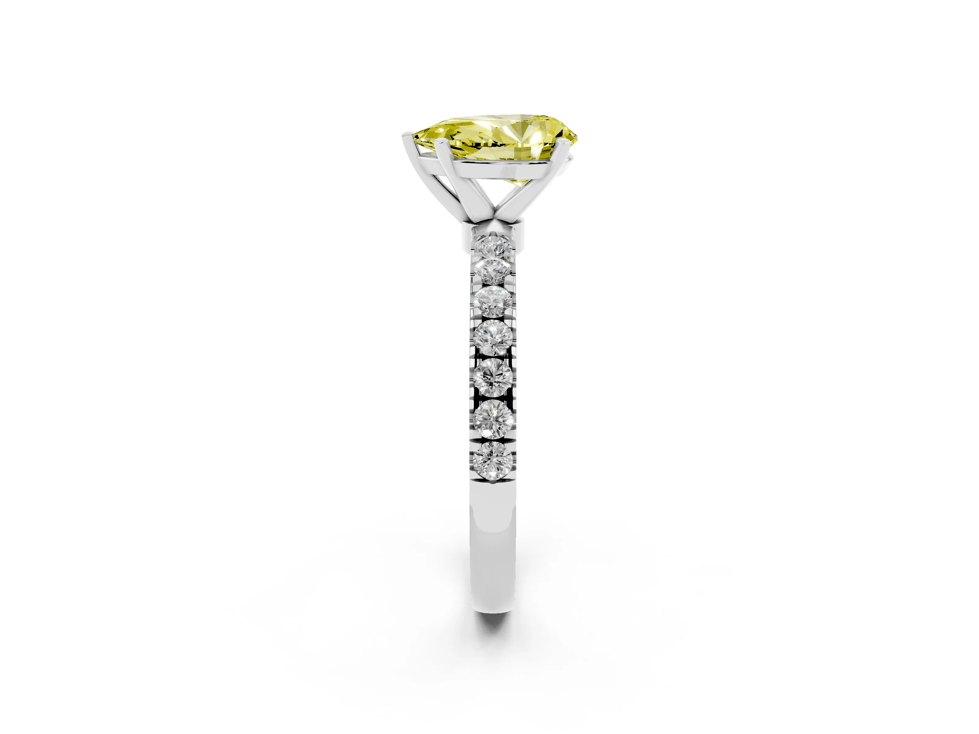 Fancy Yellow Pear Cut Diamond Solitaire Ring Set in Platinum with Pavé Accents and Prong Setting