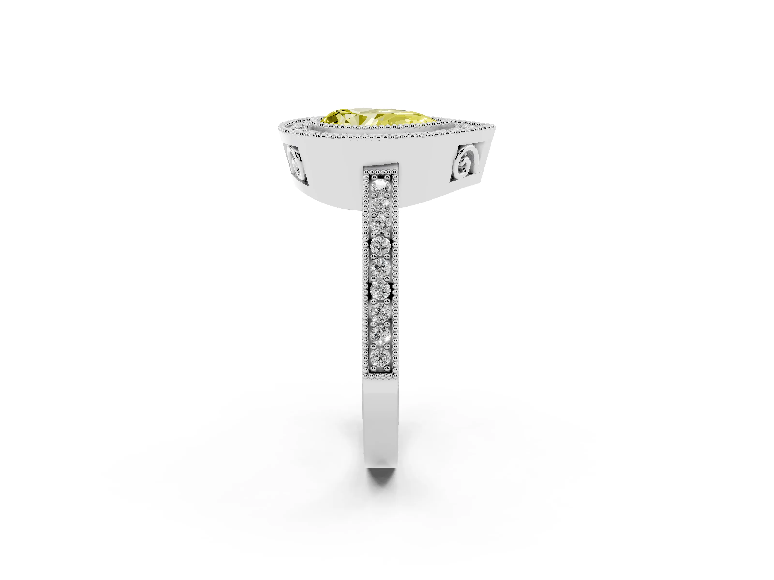 Fancy Yellow Pear Cut Diamond Round Halo Ring Set in White gold with Pavé Band
