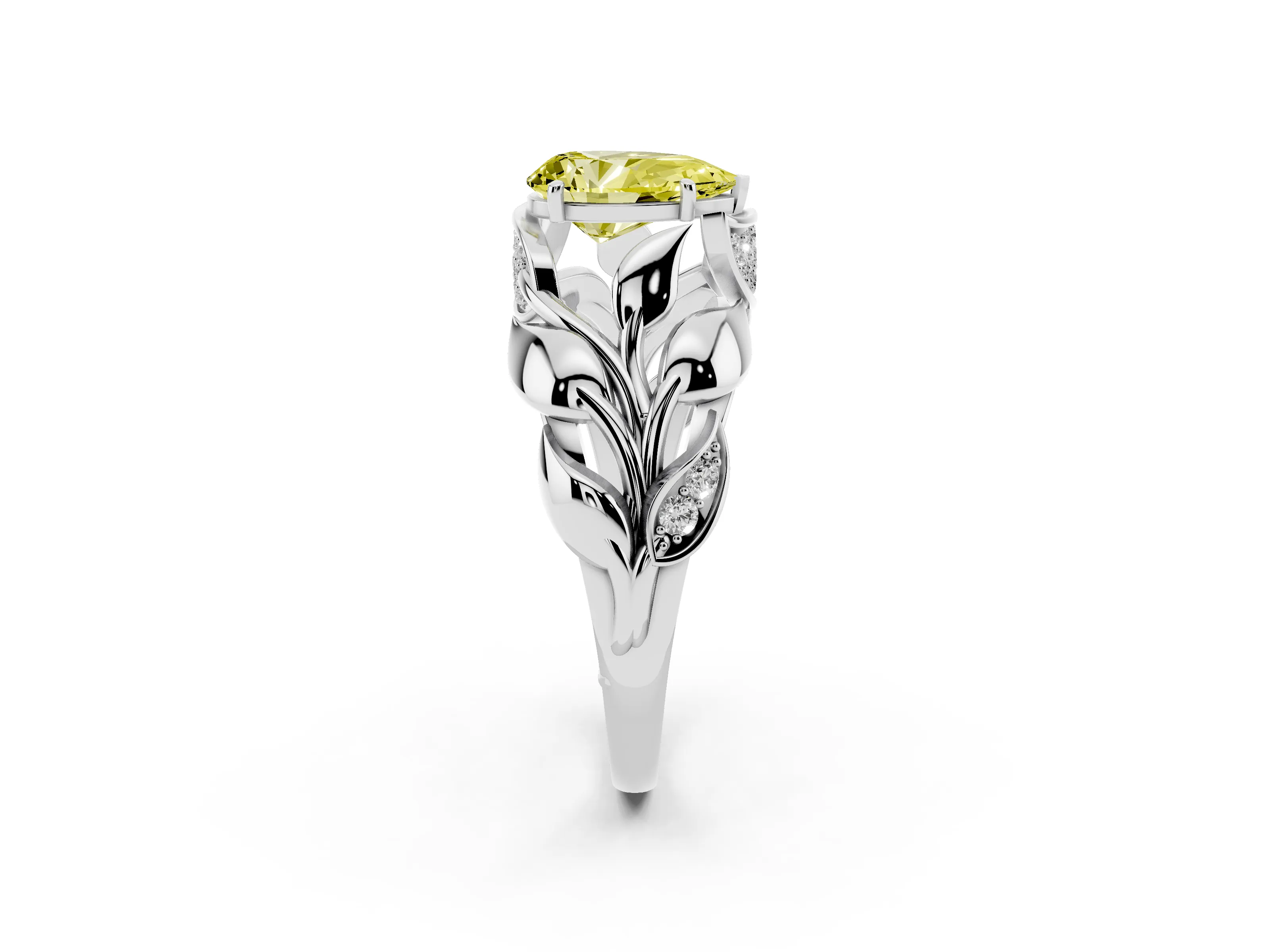 Fancy Yellow Pear Cut Diamond Leaf-Inspired Engagement Ring Set in Platinum with Round Accents