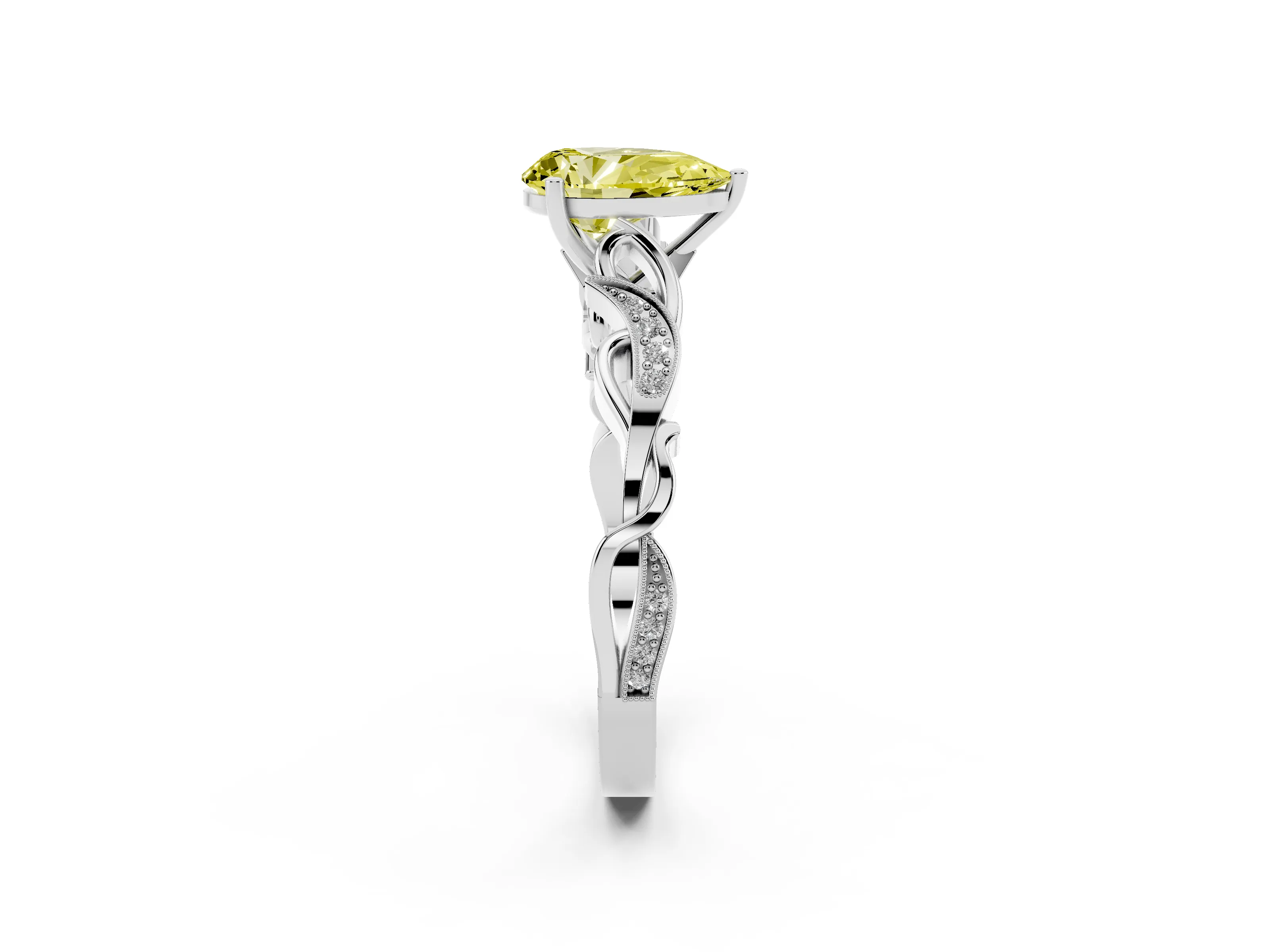 Fancy Yellow Pear Cut Diamond Vine Band Solitaire Ring Set in White gold with Milgrain Prong Setting