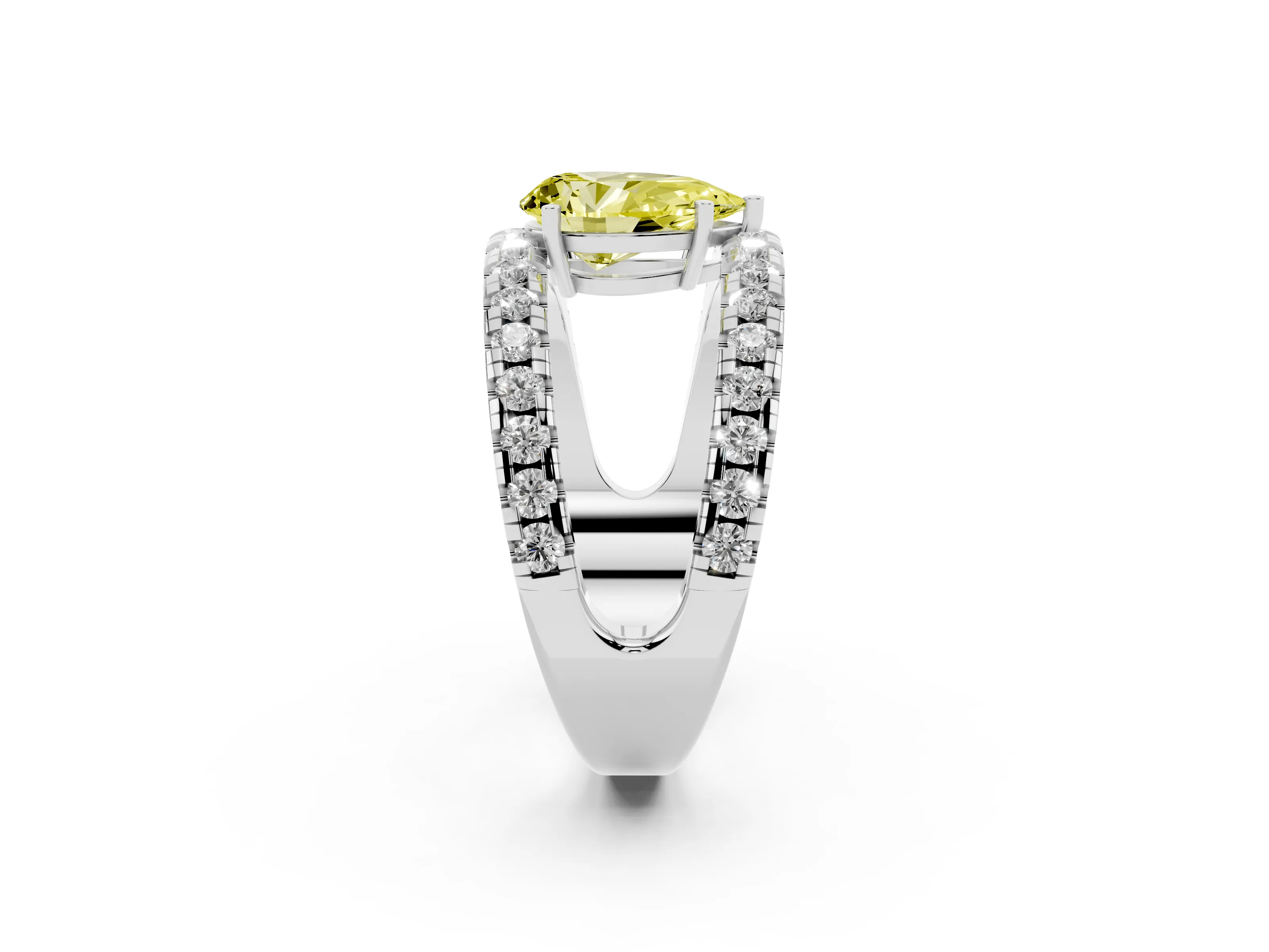 Fancy Yellow Pear Cut Diamond Split Shank Pavé Solitaire Ring Set in Silver with Open Shank Design