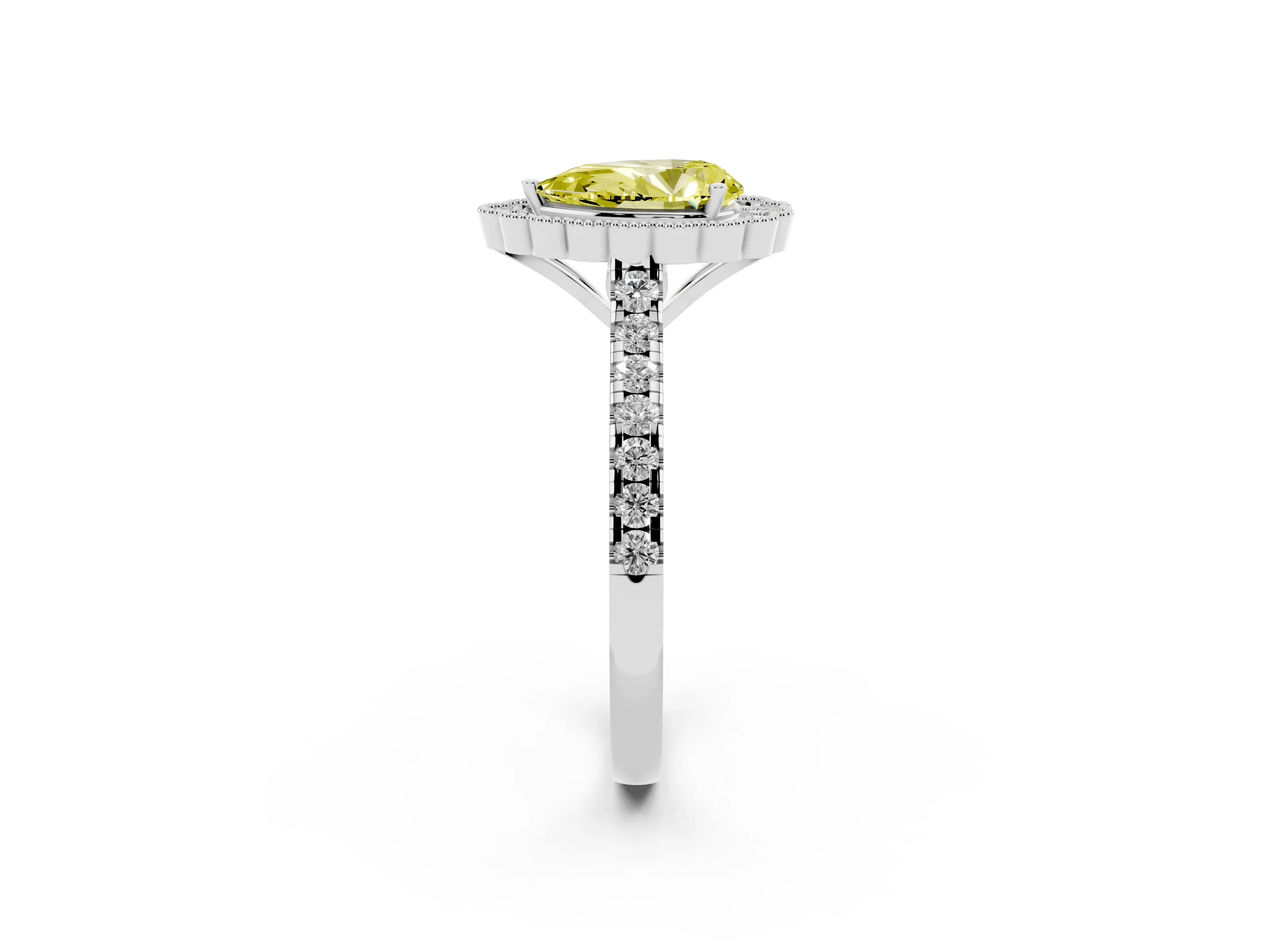 Fancy Yellow Pear Cut Diamond Milgrain Floral Halo Engagement Ring Set in Platinum with Pavé Band