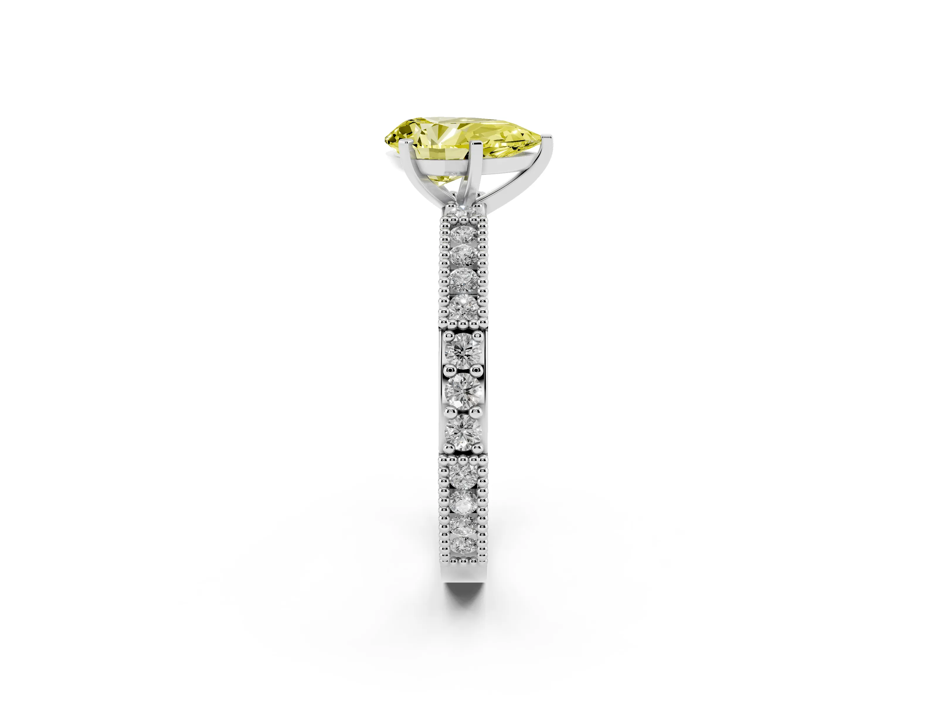 Fancy Yellow Pear Cut Diamond Solitaire Ring Set in Silver with Slim Pavé Band and Prong Setting