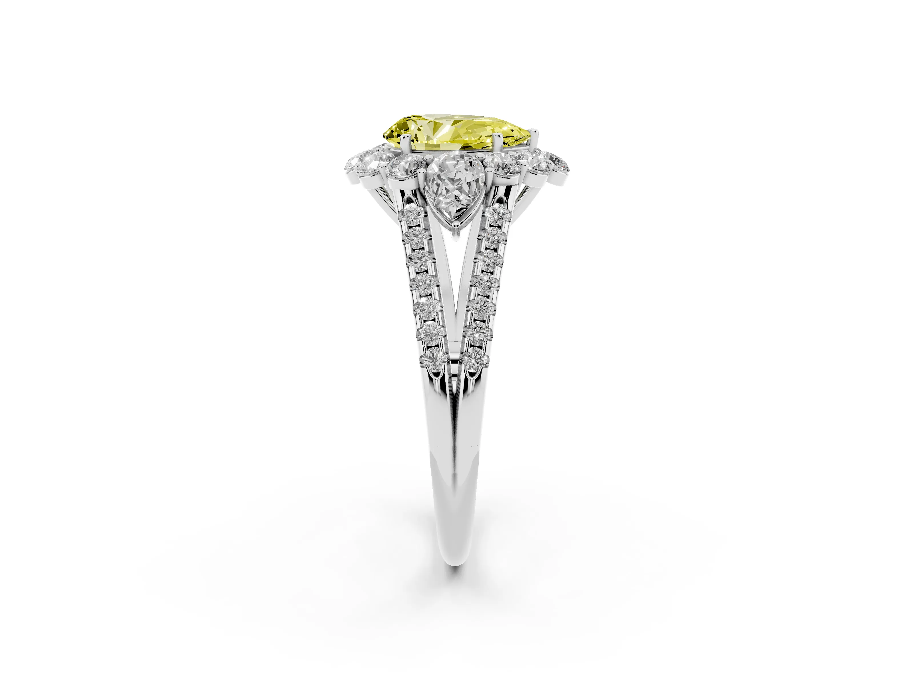 Fancy Yellow Pear Cut Diamond Halo Split Shank Engagement Ring Set in White gold with Prong-Held Center Stone