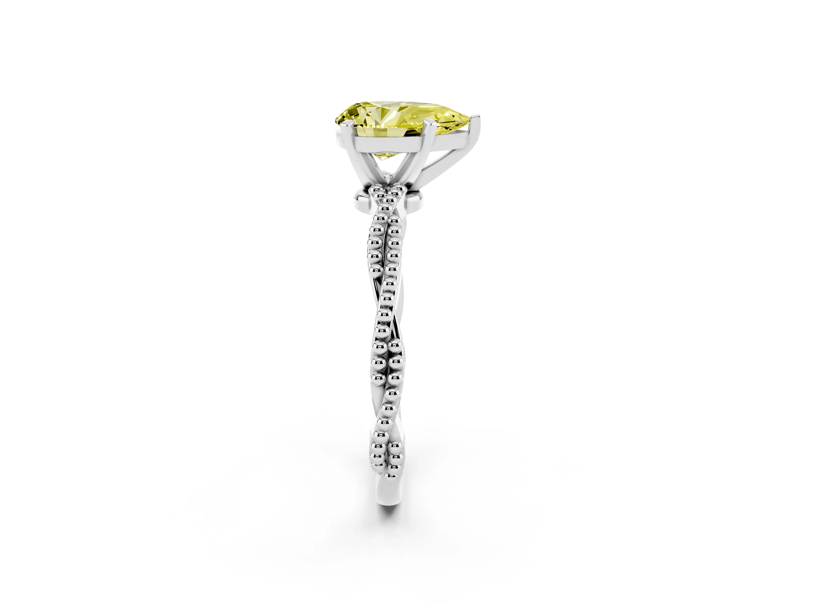 Fancy Yellow Pear Cut Diamond Solitaire Ring Set in Silver with Twisted Band and Bead Prong Setting