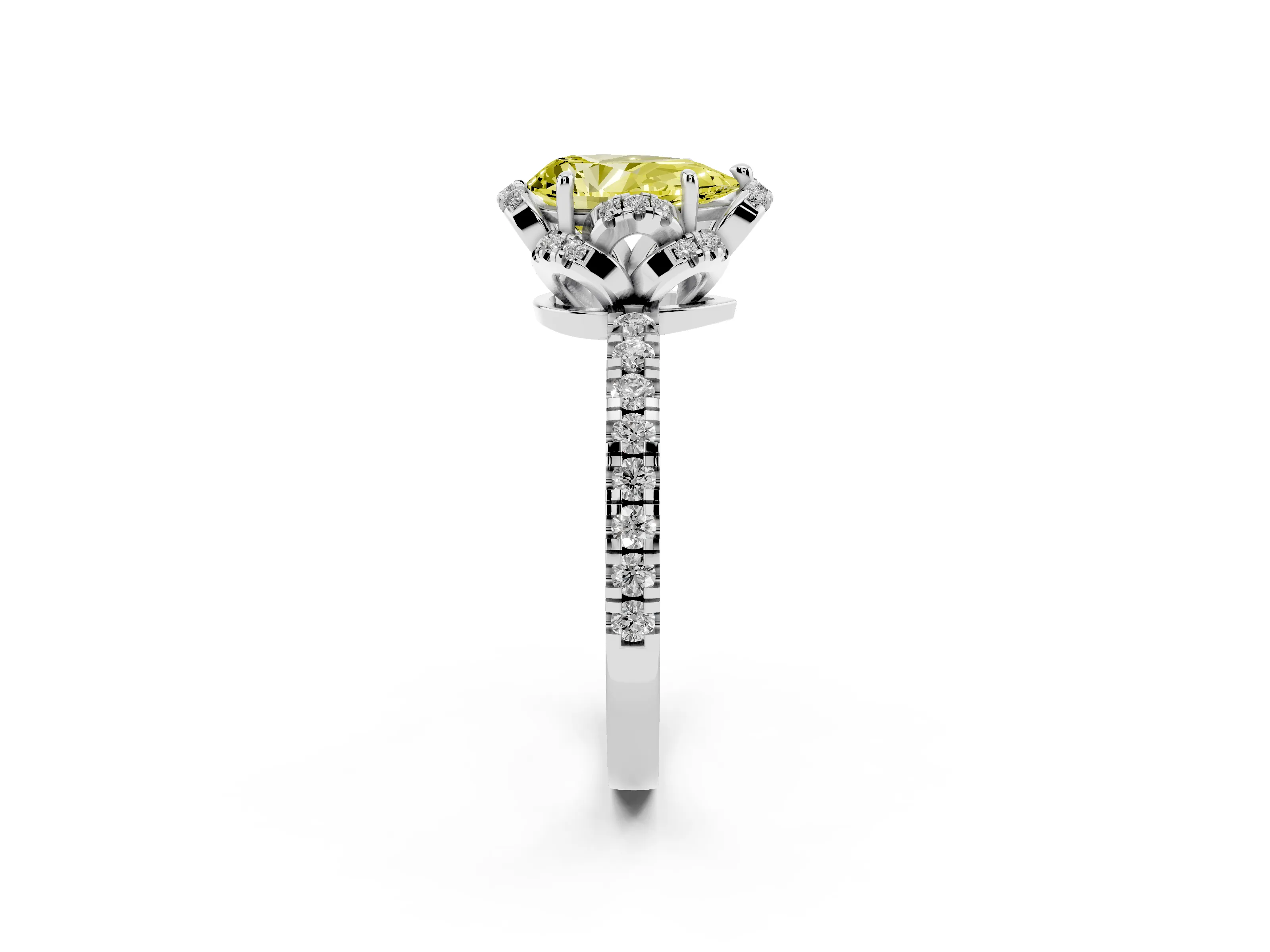 Fancy Yellow Pear Cut Diamond Halo Pavé Band Ring Set in Platinum with Prong-Held Center