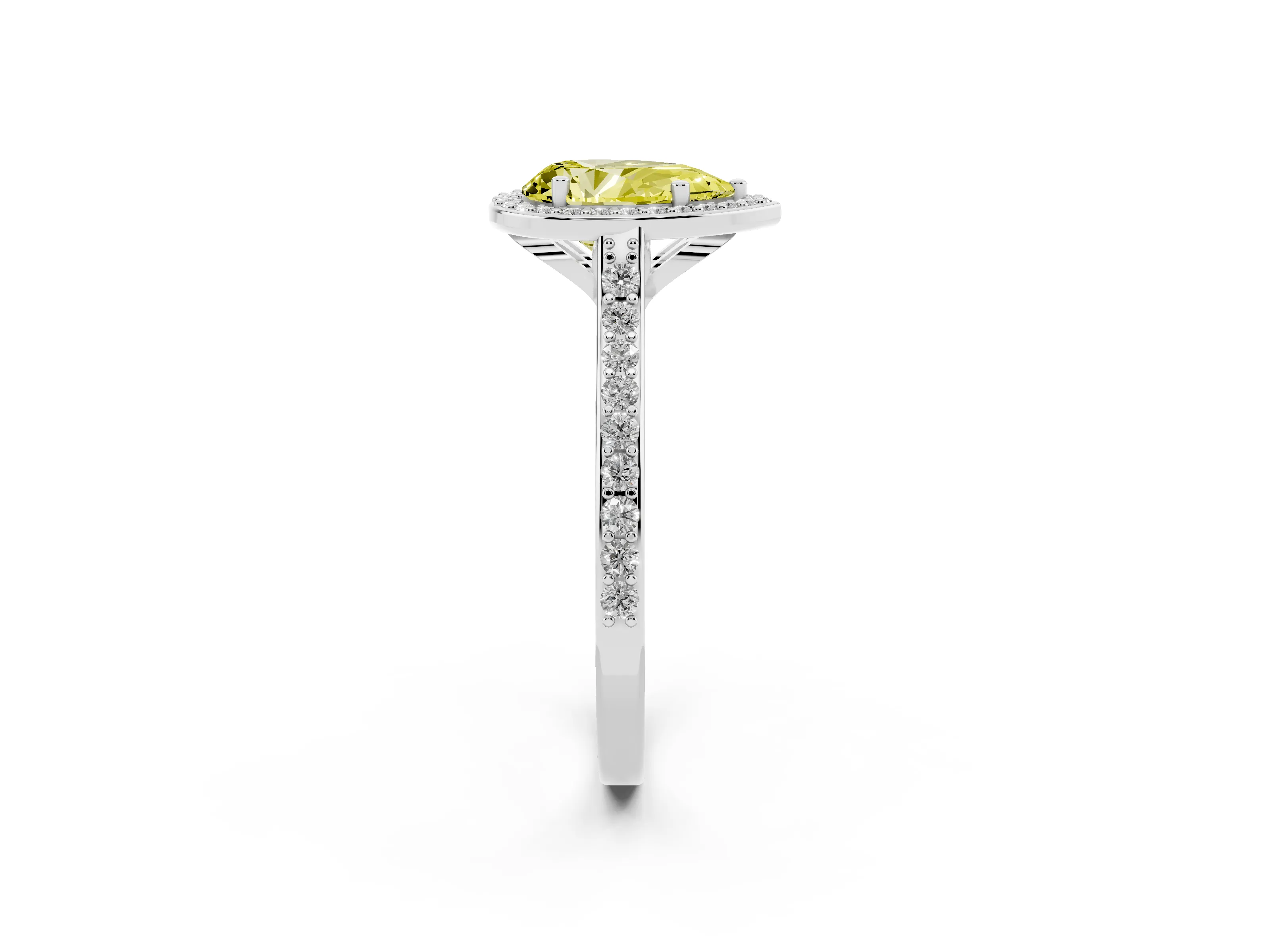 Fancy Yellow Pear Cut Diamond Halo Engagement Ring Set in White gold with Round Pavé Shoulders and Heart Gallery
