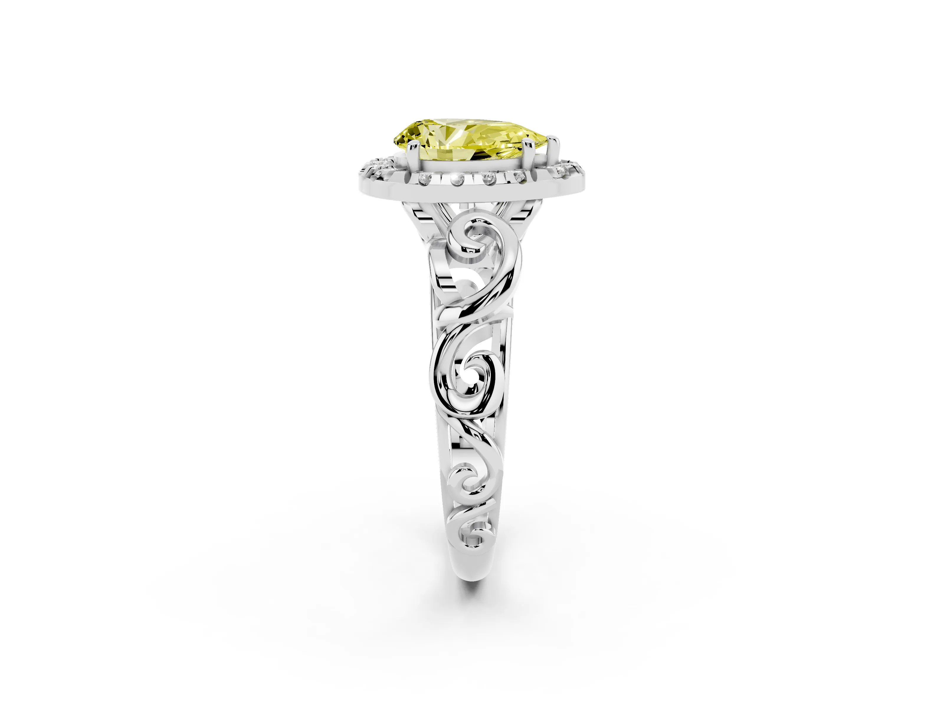 Fancy Yellow Pear Cut Diamond Halo Ring Set in Platinum with Scrollwork Band and Prong Setting