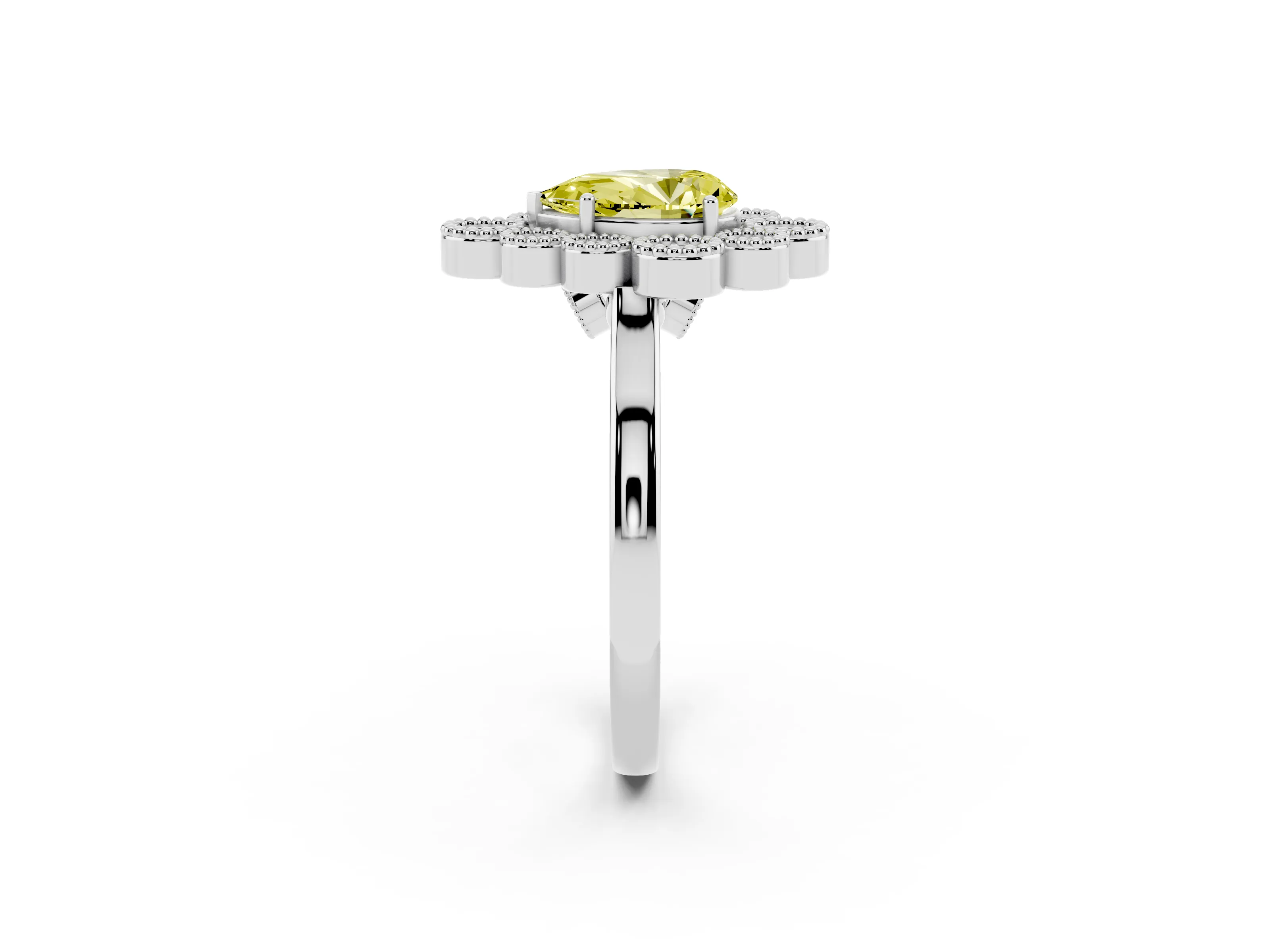 Fancy Yellow Pear Cut Diamond Cluster Halo Ring Set in White gold with Milgrain Bezel Accents and Plain Band