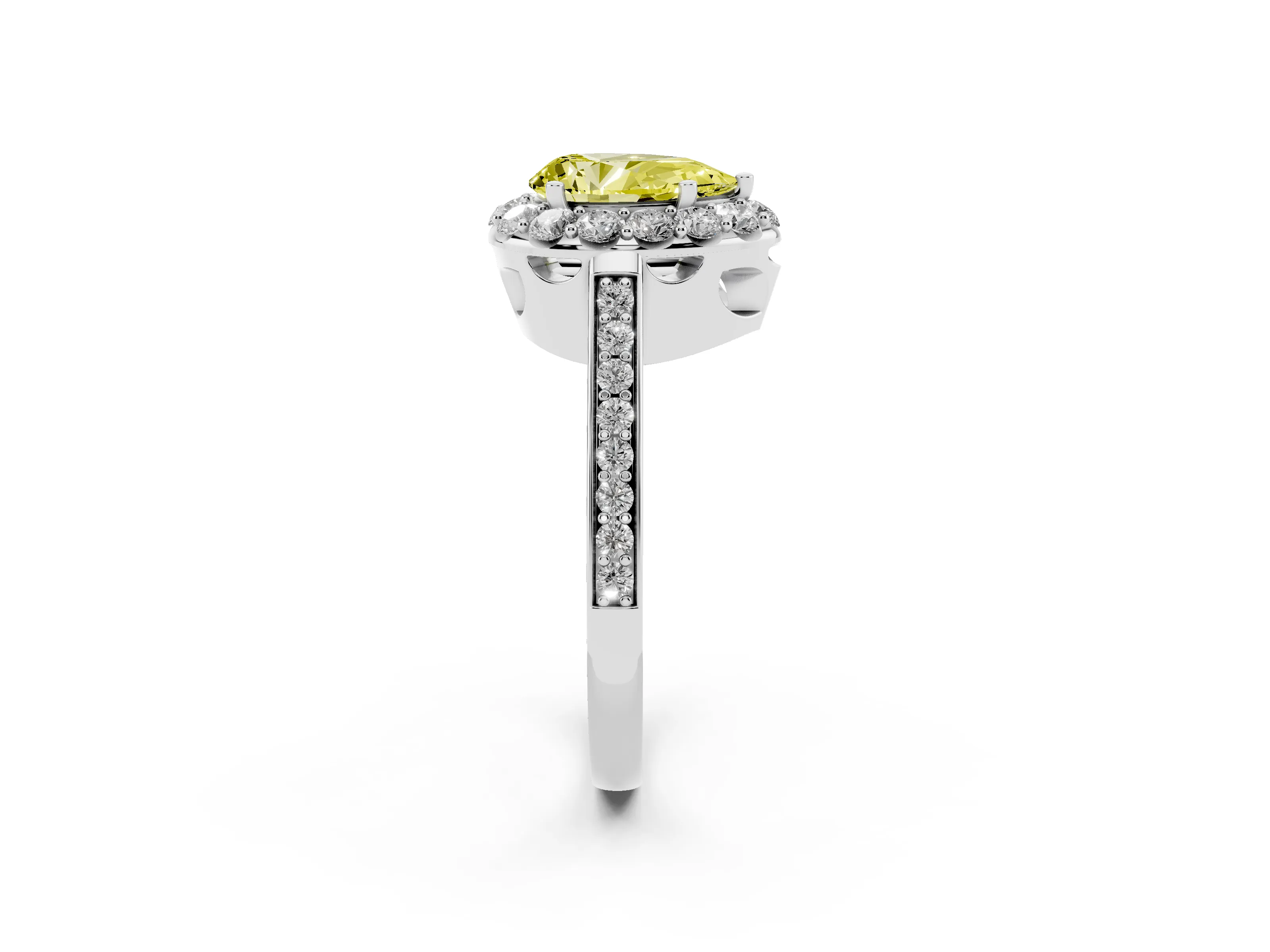 Fancy Yellow Pear Cut Diamond Floral Halo Ring Set in Platinum with Pavé Band and Prong Setting