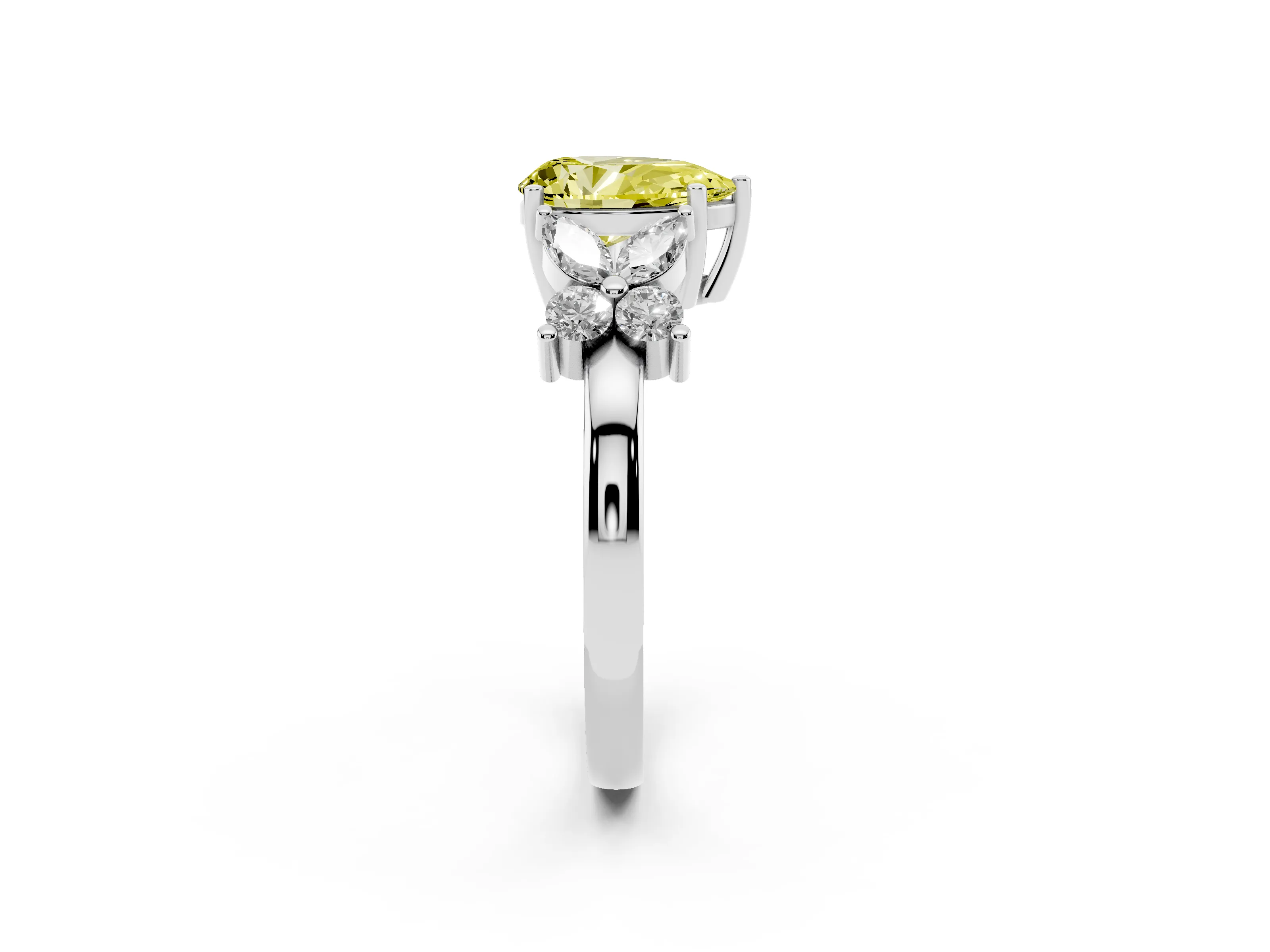 Fancy Yellow Pear Cut Diamond Floral Cluster Ring Set in White gold with Marquise Petals and Prong Setting