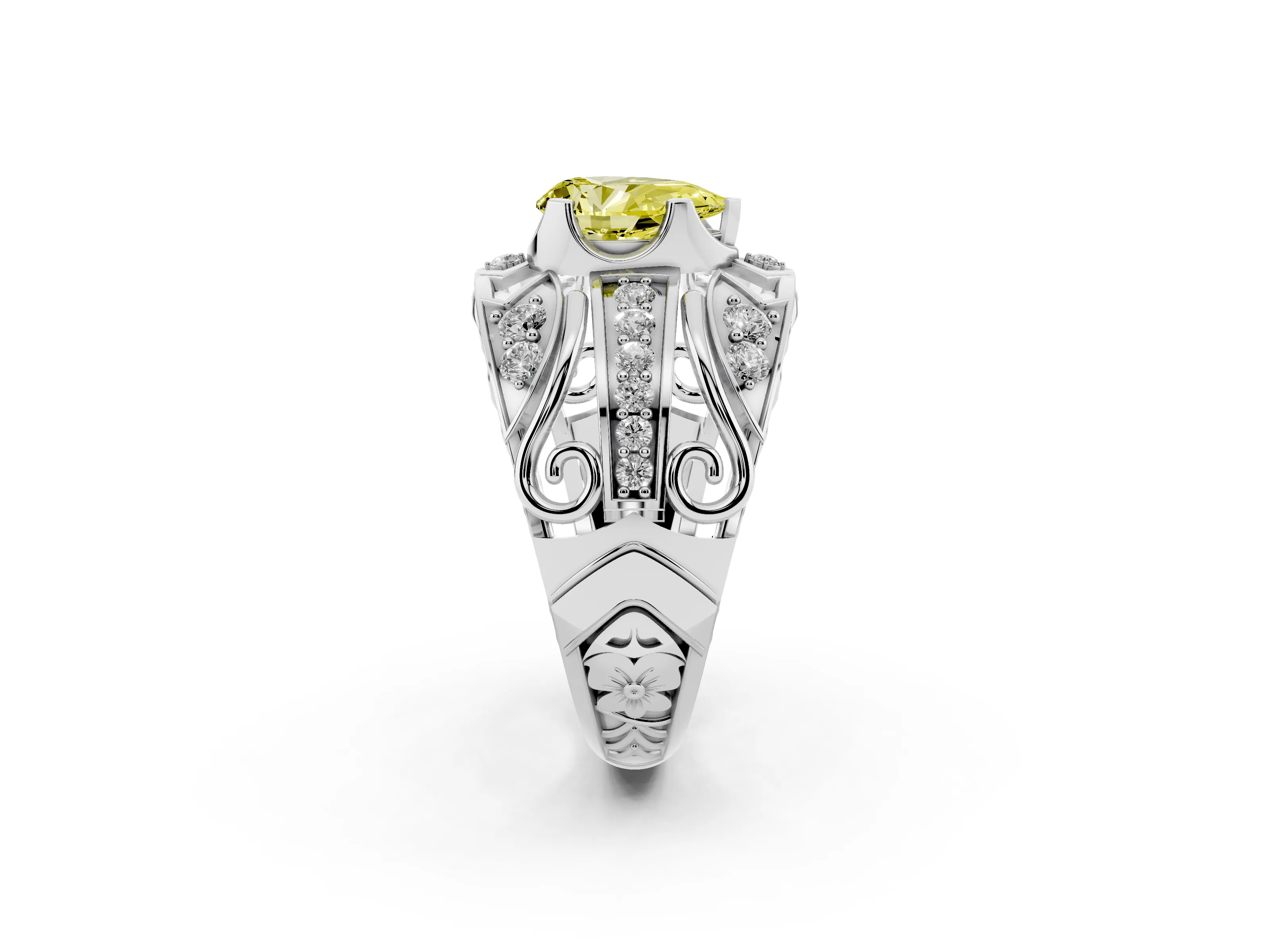 Fancy Yellow Pear Cut Diamond Art Deco Ring Set in Platinum with Pavé Split Shank