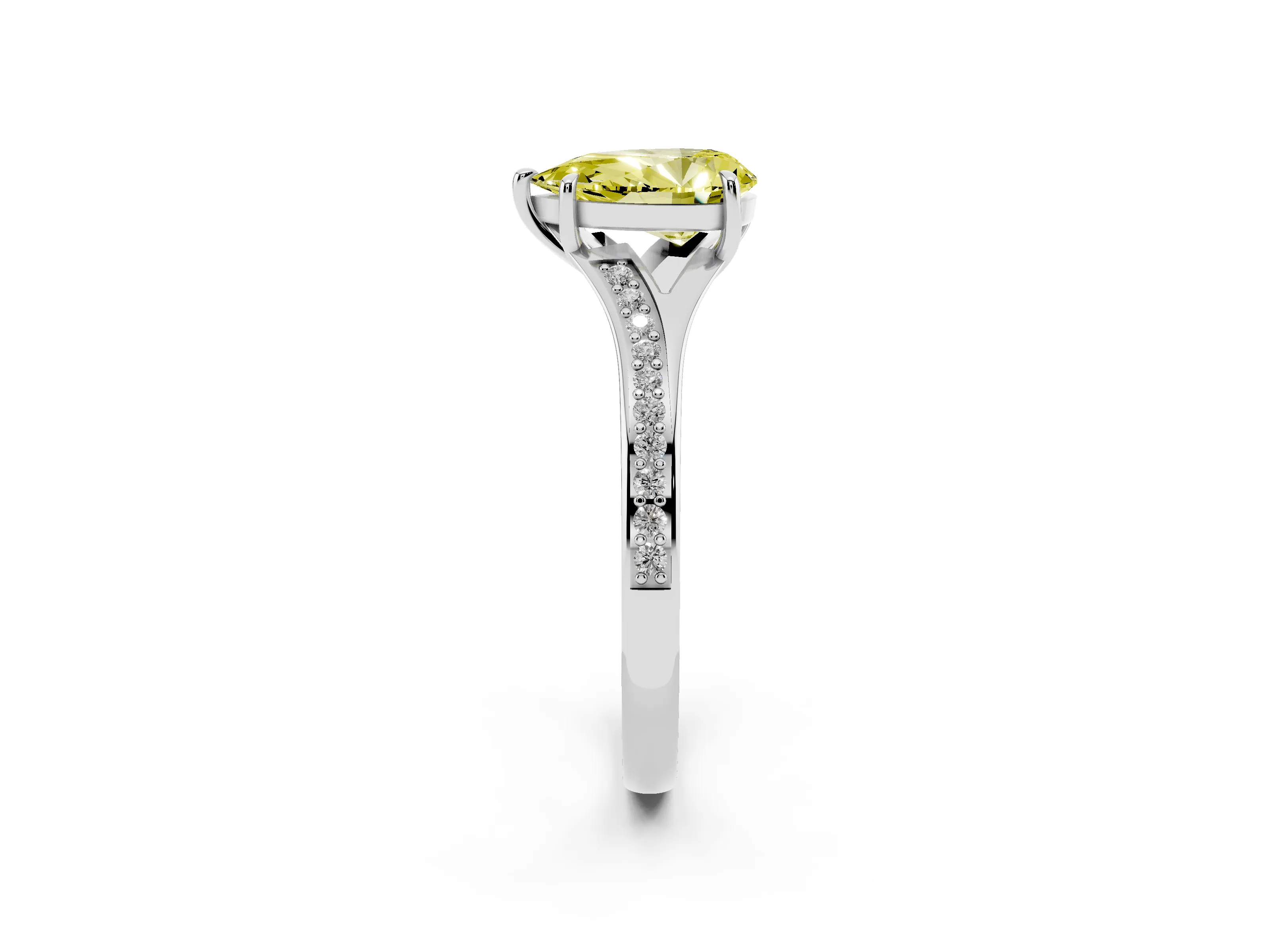 Fancy Yellow Pear Cut Diamond Solitaire Ring Set in White gold with Pavé Accent Band and Classic Prong Setting