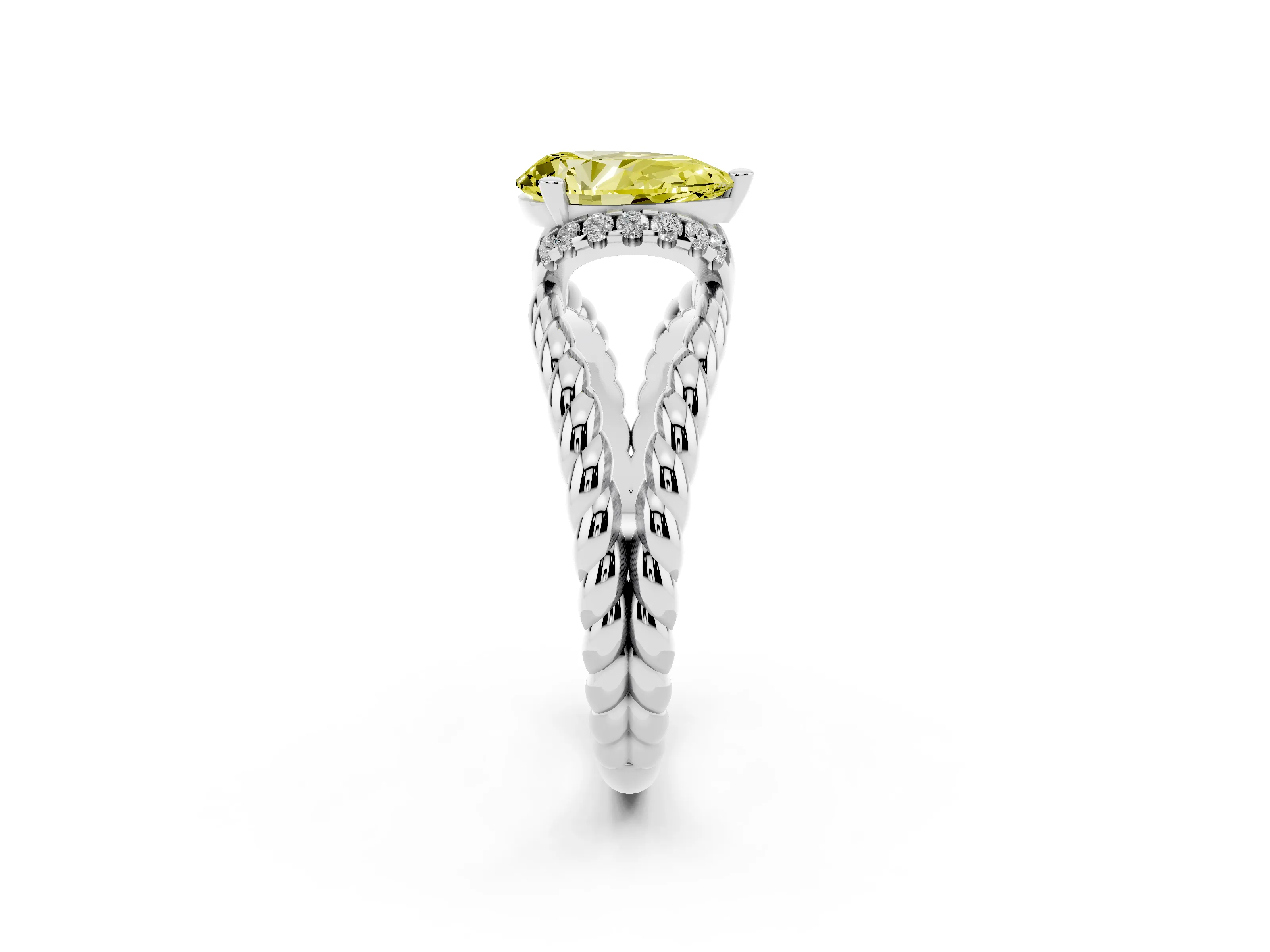 Fancy Yellow Pear Cut Diamond Halo Ring Set in White gold with Twisted Band and Prong Setting
