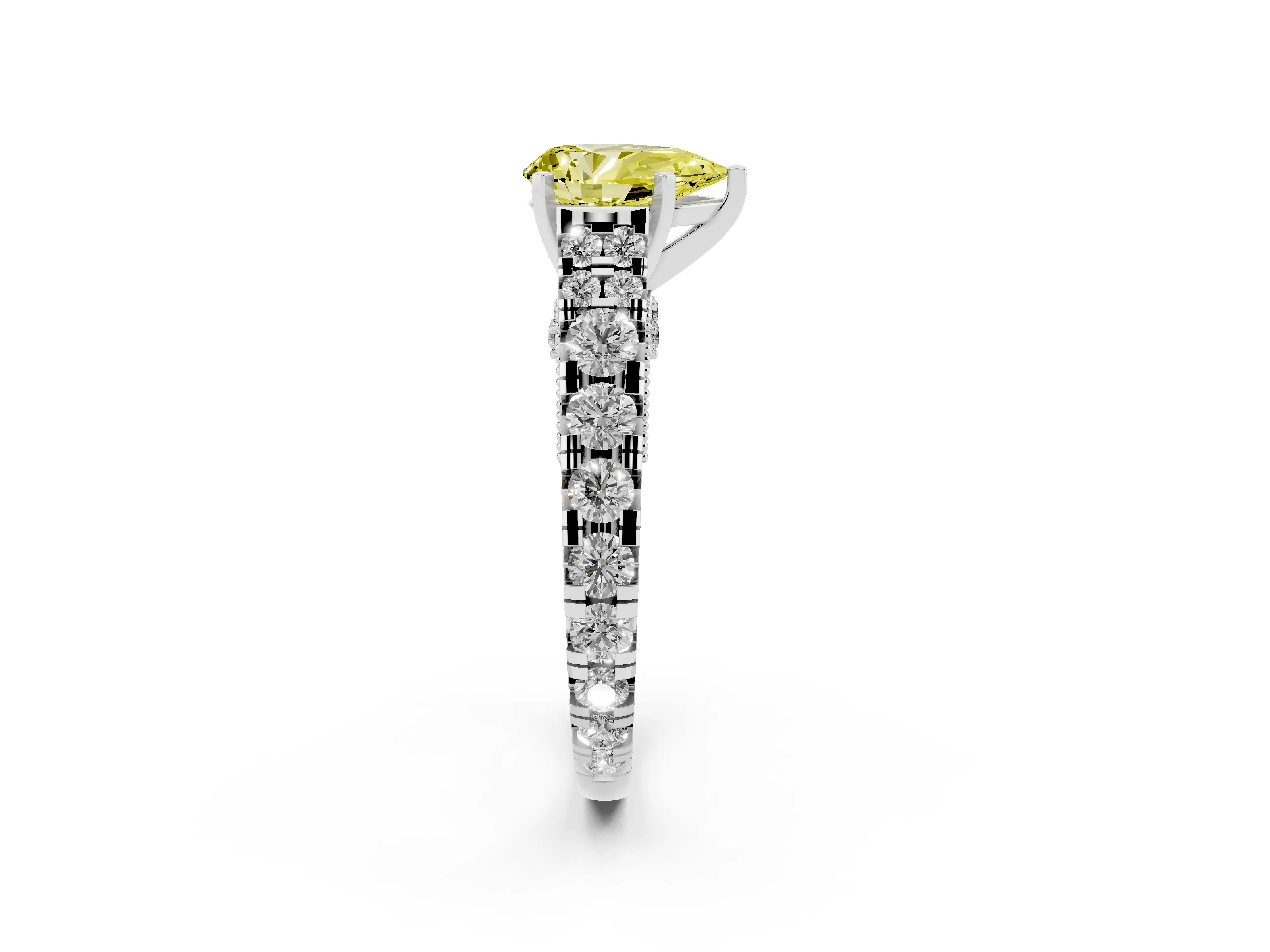 Fancy Yellow Pear Cut Diamond Classic Solitaire Ring Set in Platinum with Pavé Band and Prong Setting
