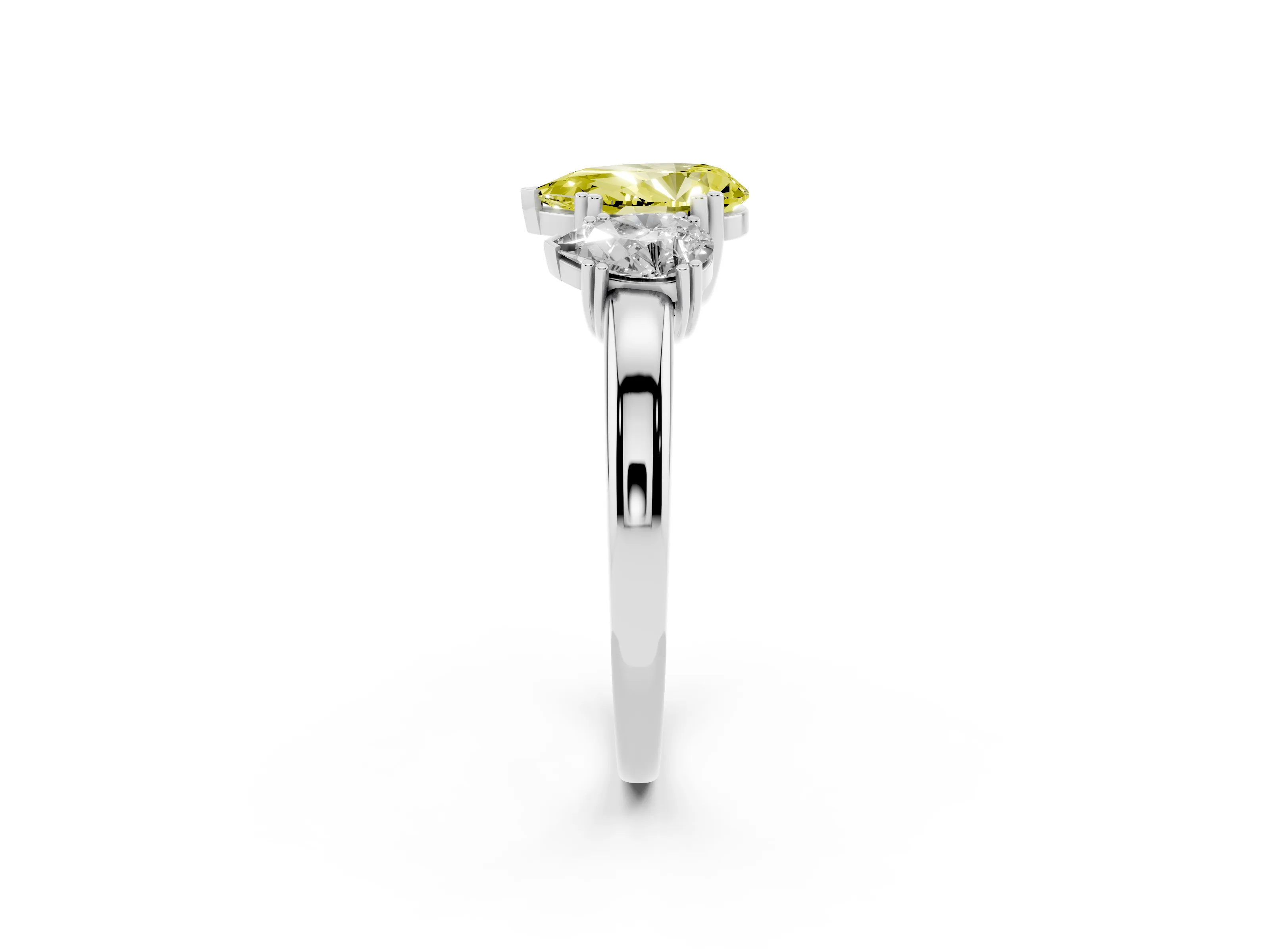 Fancy Yellow Pear Cut Diamond Three-Stone Ring Set in White gold with Polished Channel-Set Band