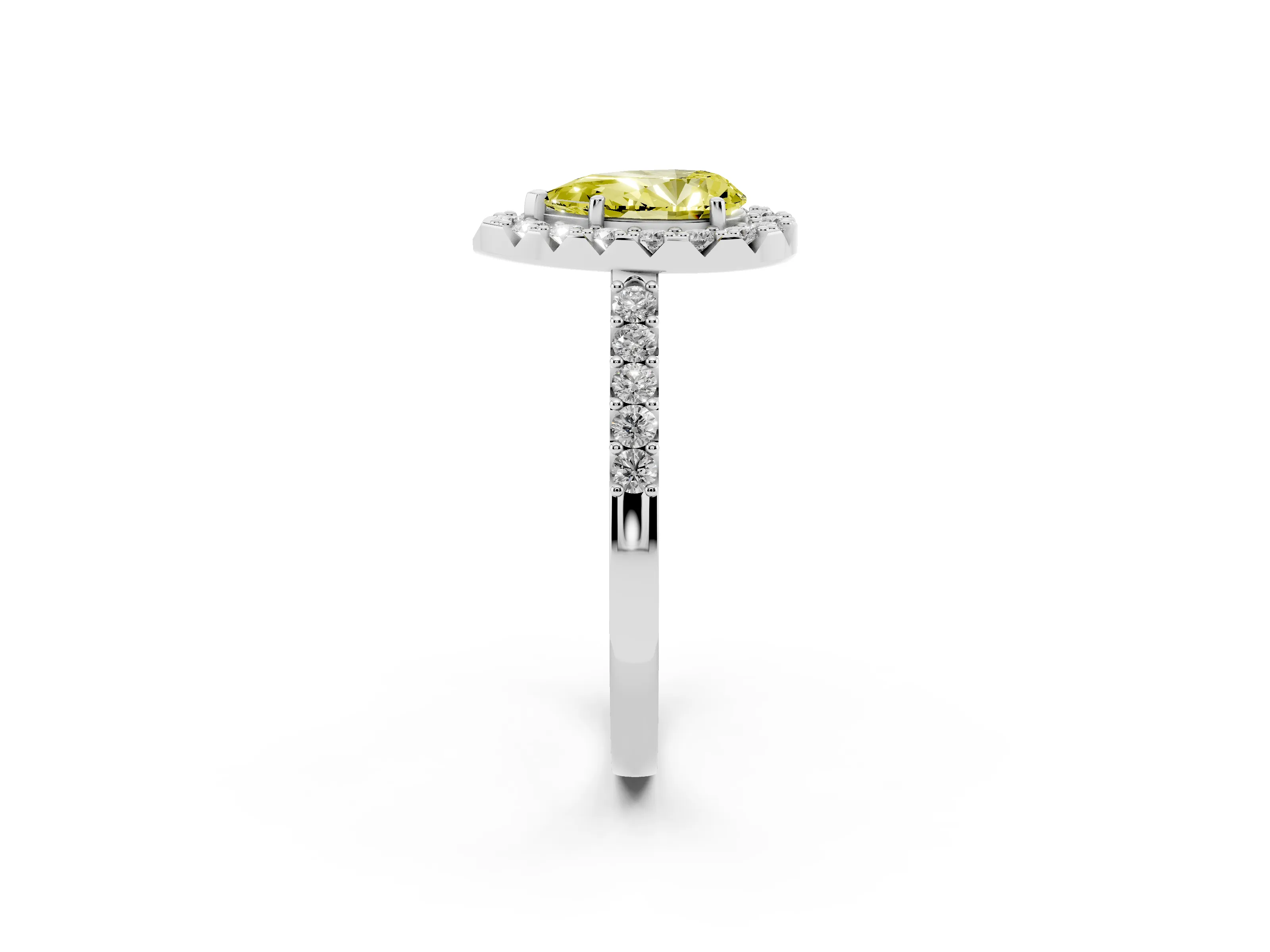 Fancy Yellow Pear Cut Diamond Halo Pavé Solitaire Ring Set in Platinum with Prong-Set Center Stone