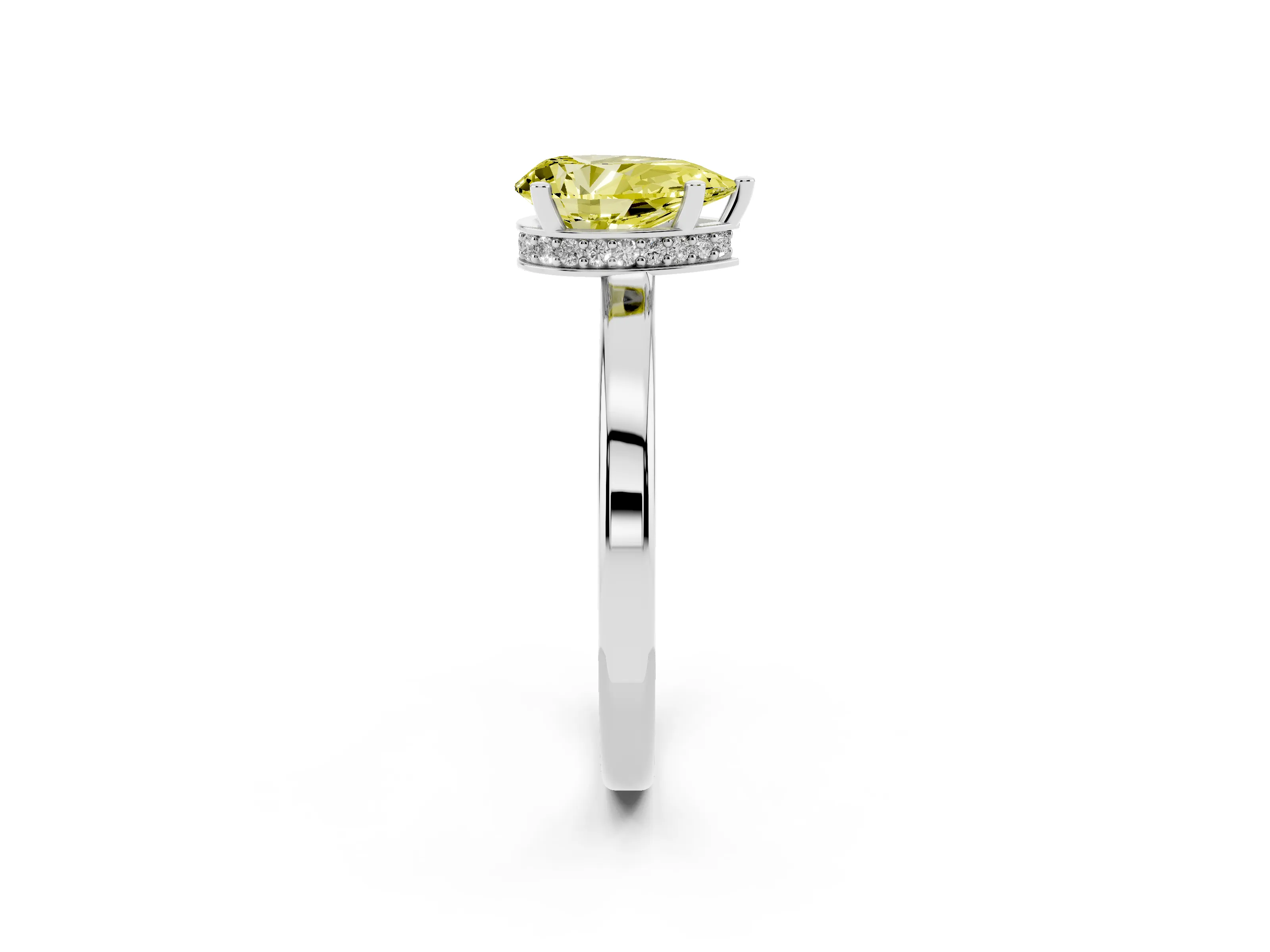 Fancy Yellow Pear Cut Diamond Solitaire Engagement Ring Set in White gold with Prong Setting on a Plain Band