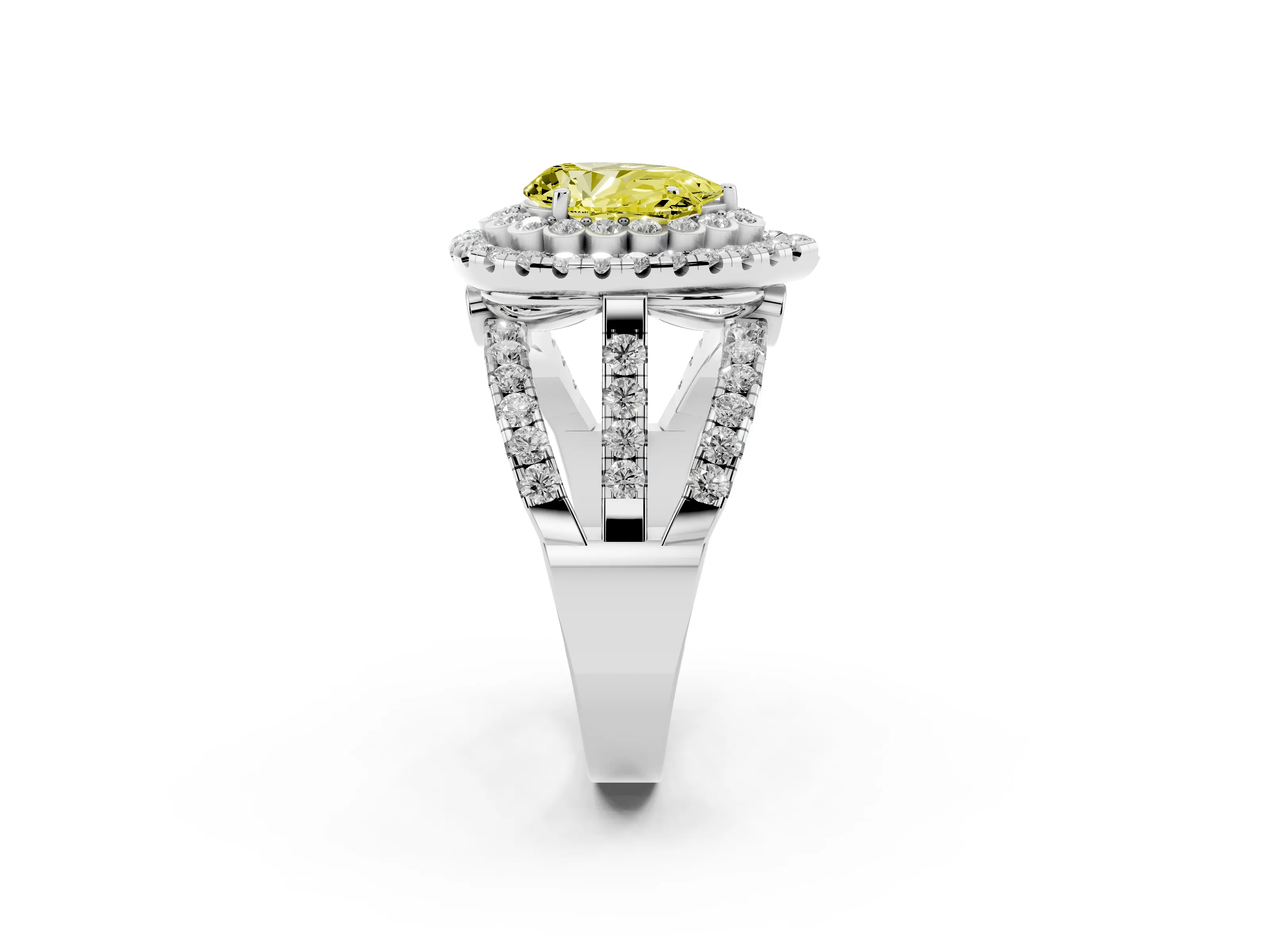 Fancy Yellow Pear Cut Diamond Double Halo Ring Set in Silver with Round Pavé Split Shank