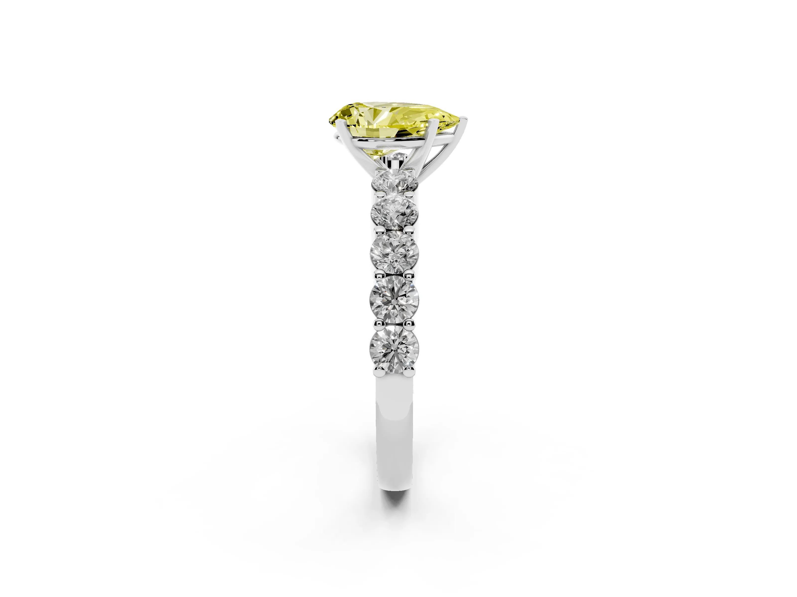 Fancy Yellow Pear Cut Diamond Solitaire Ring Set in Silver with Shared Prong Round Side Stones