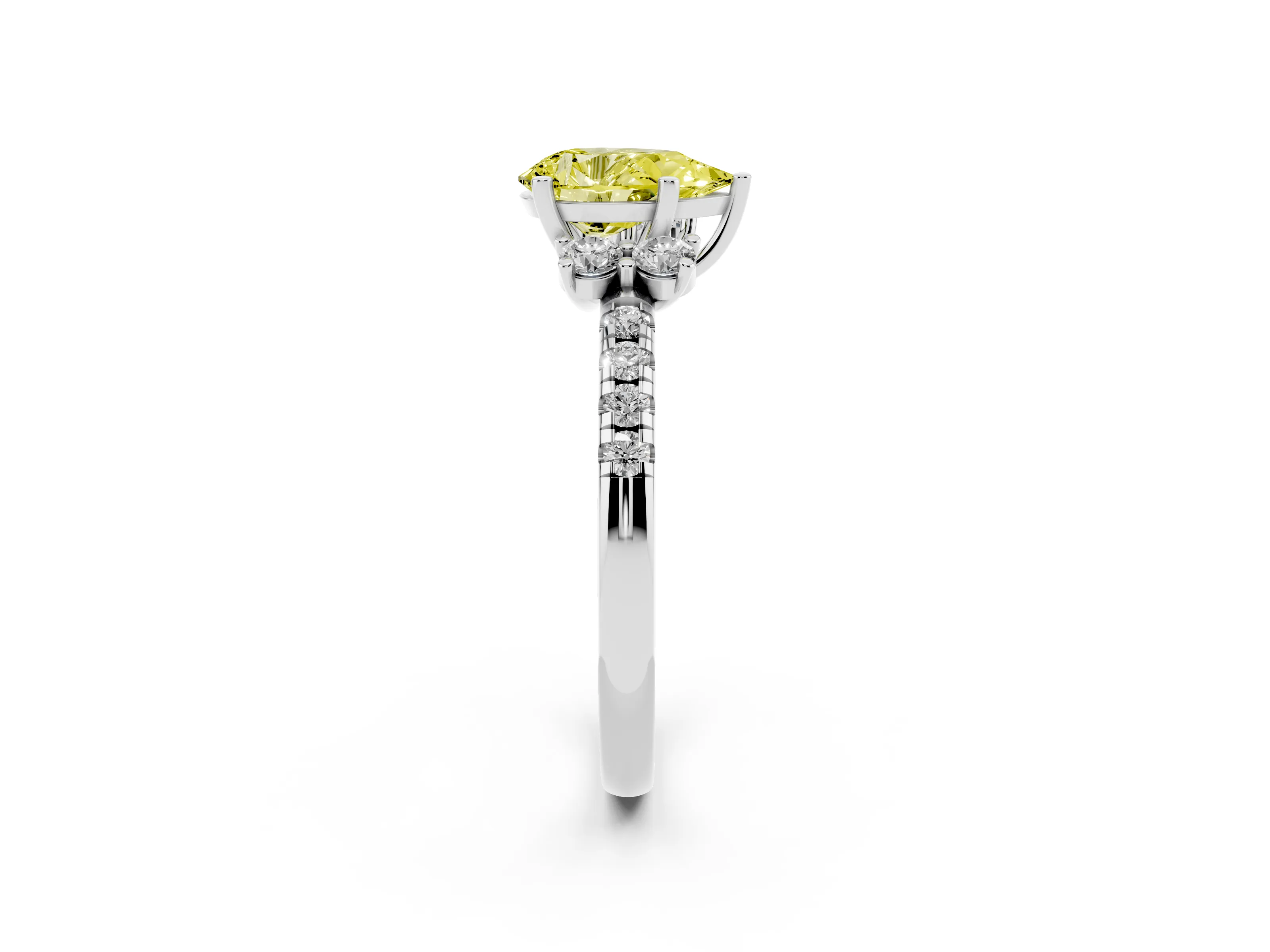 Fancy Yellow Pear Cut Diamond Three-Stone Pavé Ring Set in White gold with Prong Setting