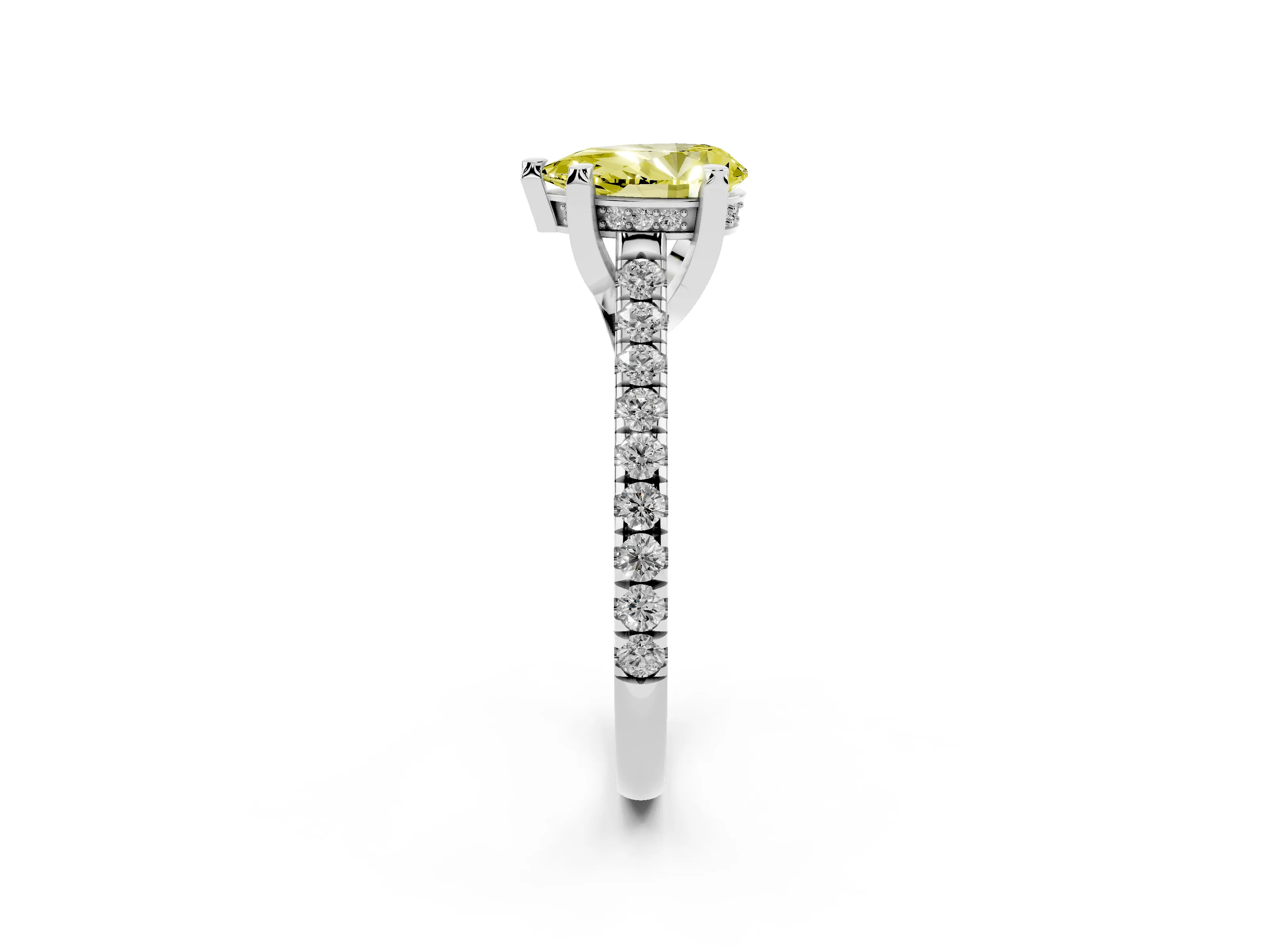 Fancy Yellow Pear Cut Diamond Solitaire Ring Set in Platinum with Brilliant Pavé Band and Prong Setting