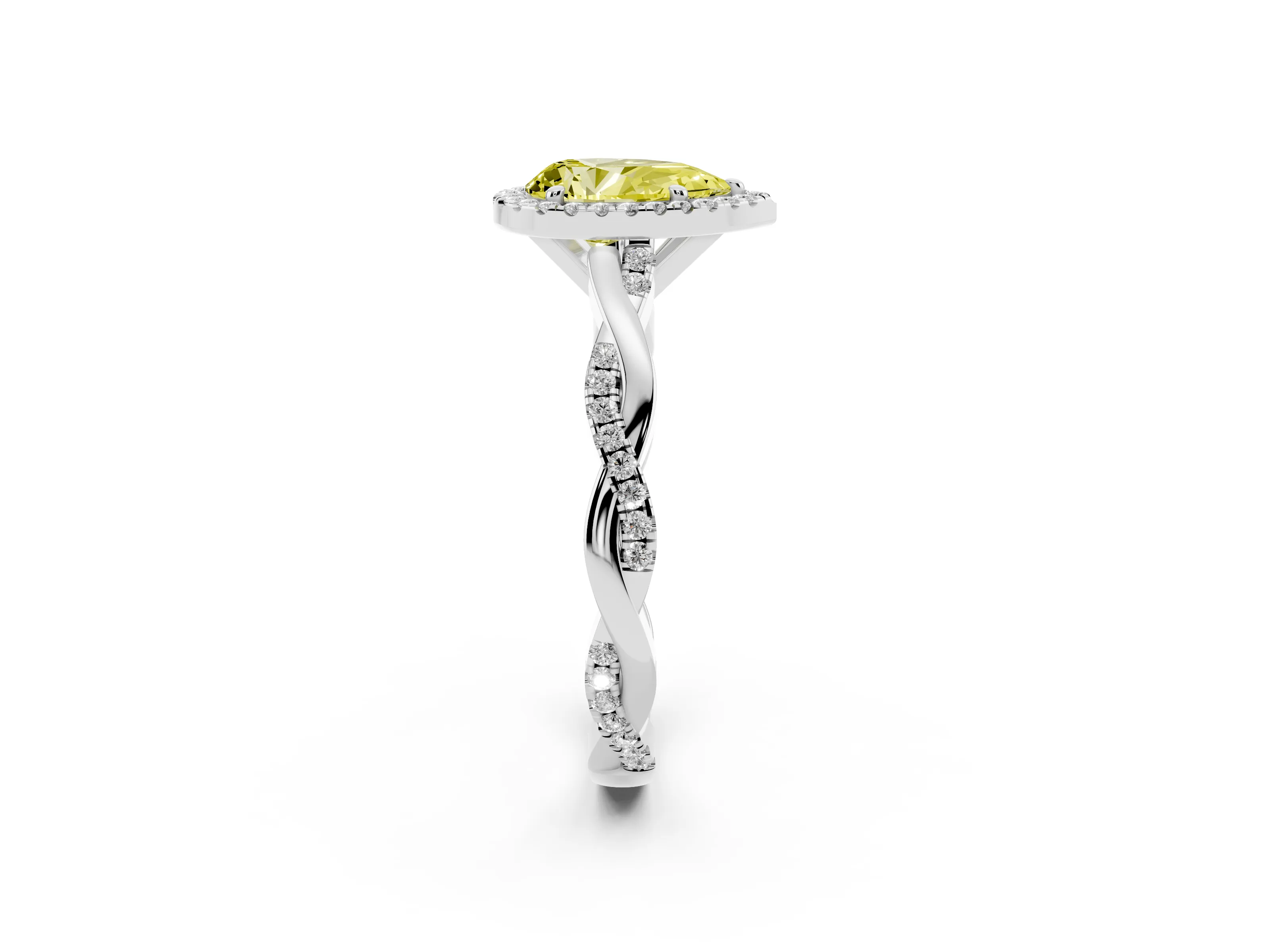 Fancy Yellow Pear Cut Diamond Halo Twisted Band Ring Set in White gold with Prong Setting