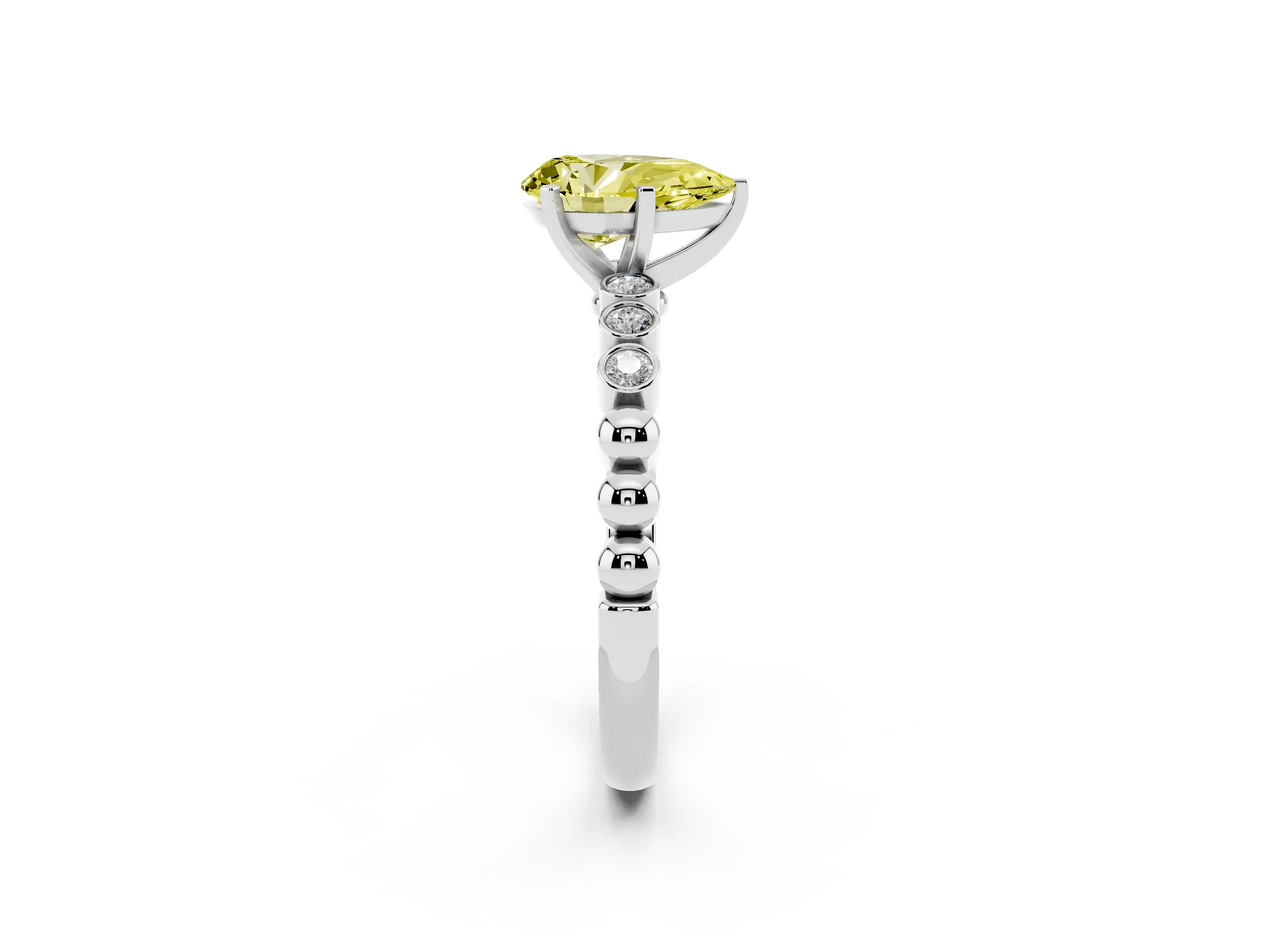 Fancy Yellow Pear Cut Diamond Solitaire Engagement Ring Set in Silver with Bezel Accents on Beaded Band
