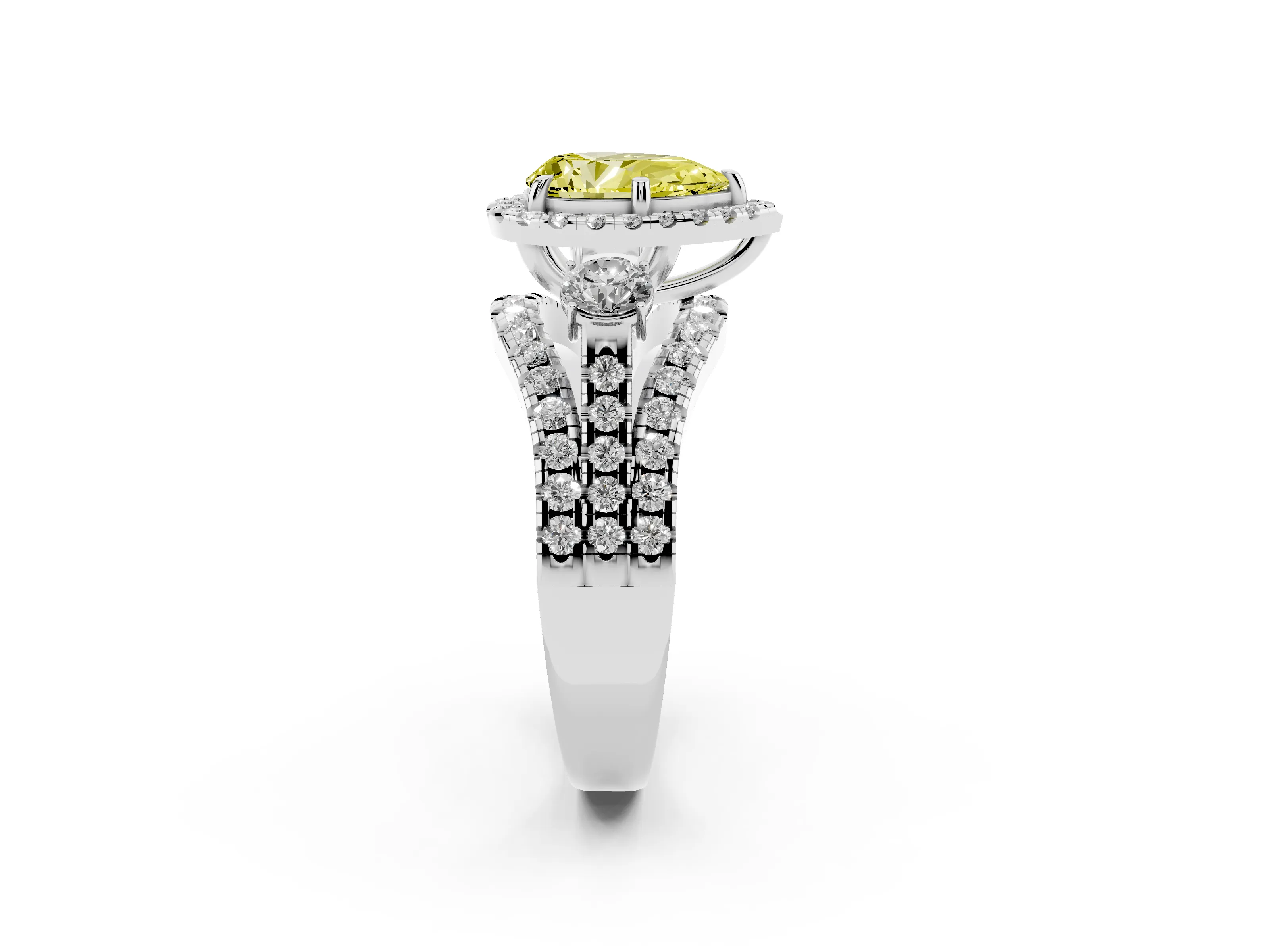 Fancy Yellow Pear Cut Diamond Halo Split Shank Ring Set in Silver with Round Accent Stones and Prong Setting